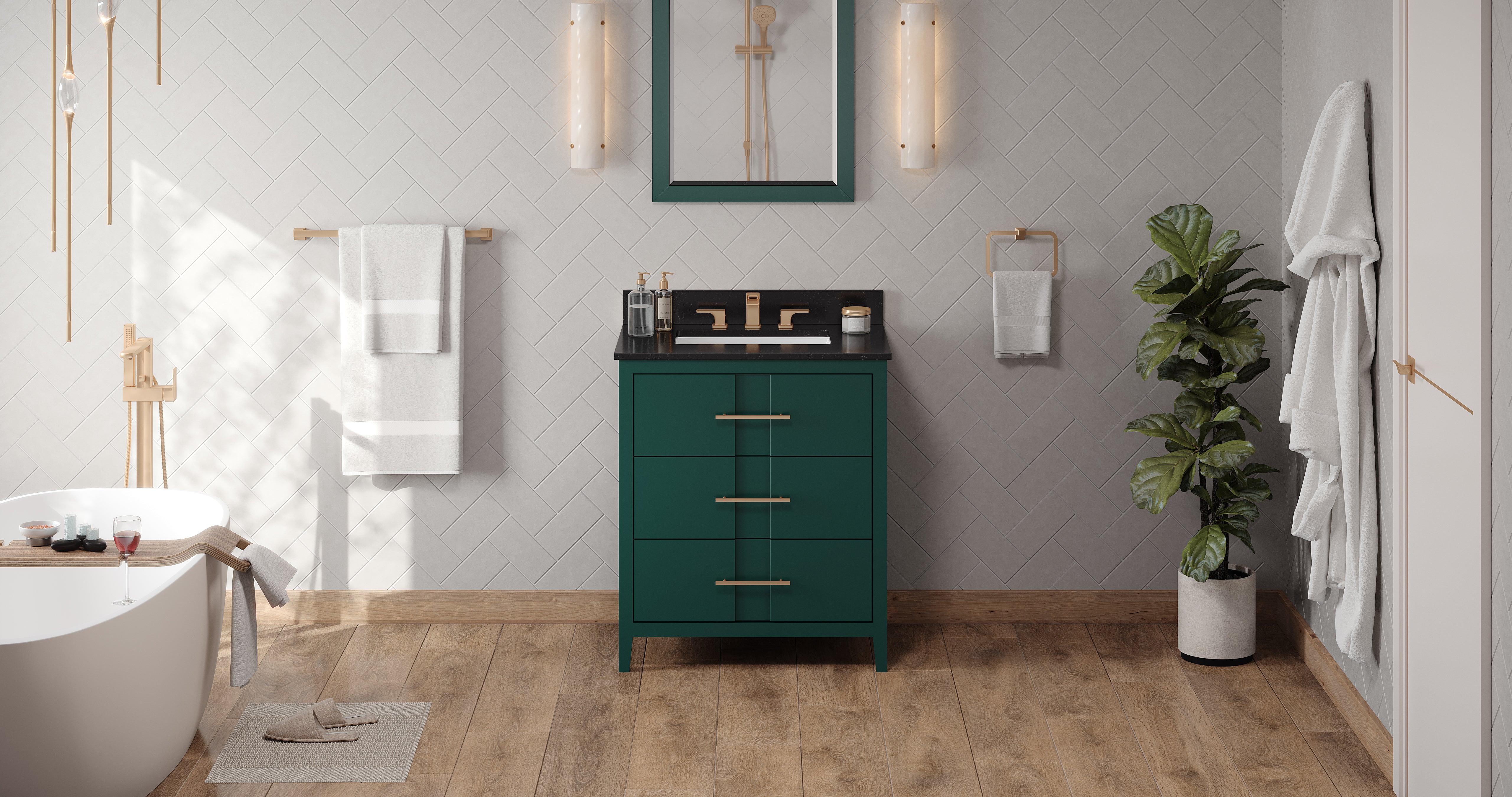 30" Forest Green Katara Vanity, Black Granite Vanity Top, undermount rectangle bowl | KitchBath