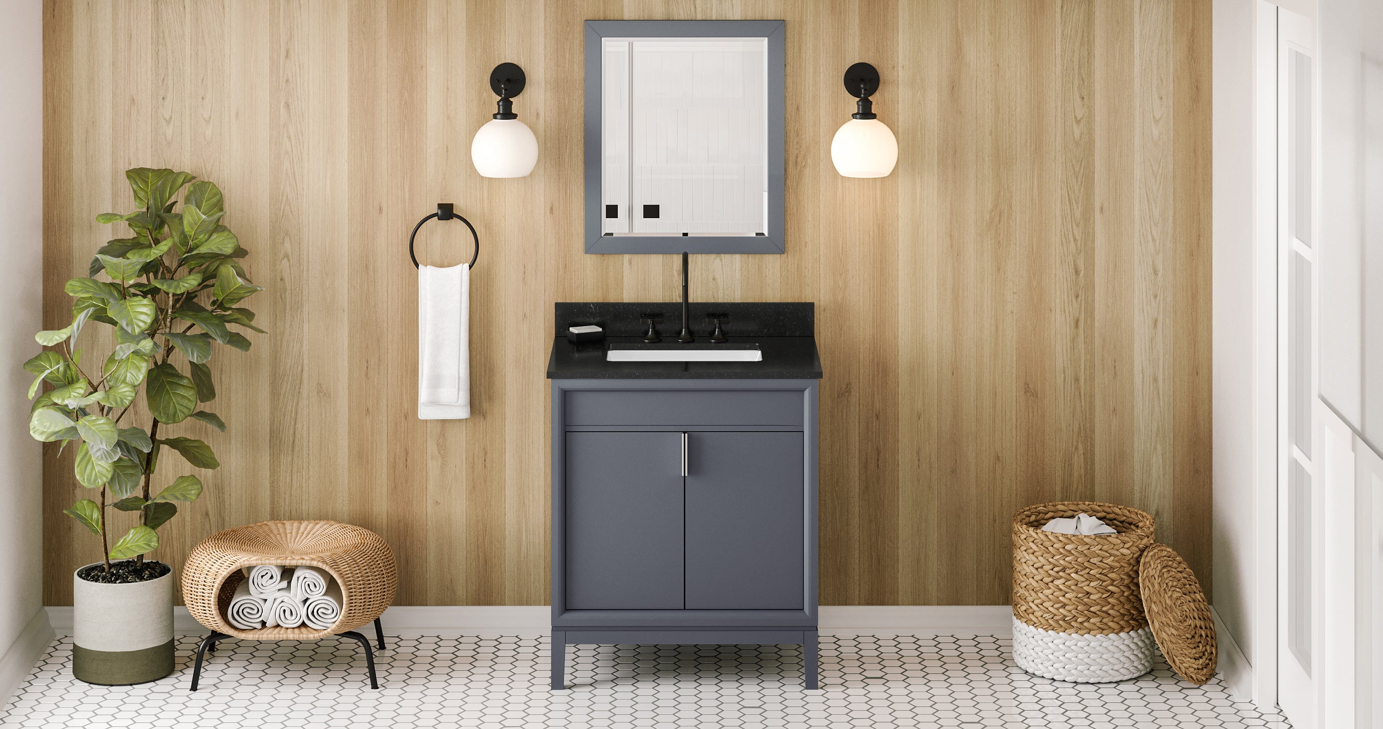 30" Blue Steel Theodora Vanity, Black Granite Vanity Top, undermount rectangle bowl | KitchBath