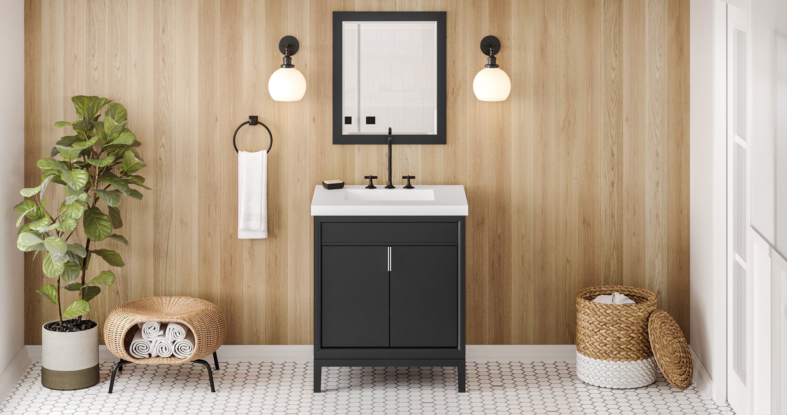 30" Black Theodora Vanity, Lavante Cultured Marble Vessel Vanity Top, integrated rectangle bowl | KitchBath