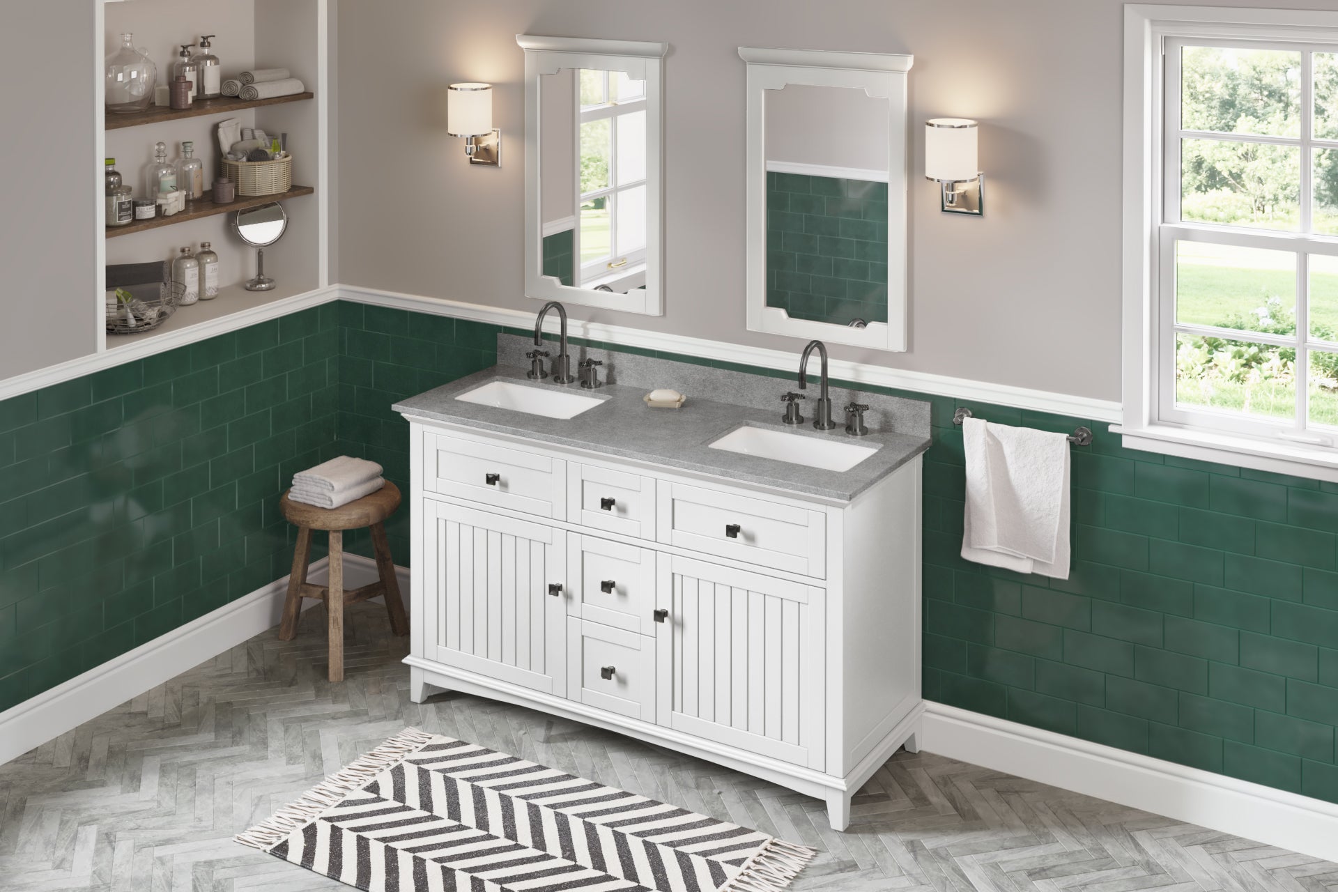 60" White Savino Vanity, double bowl, Steel Grey Cultured Marble Vanity Top, two undermount rectangle bowls