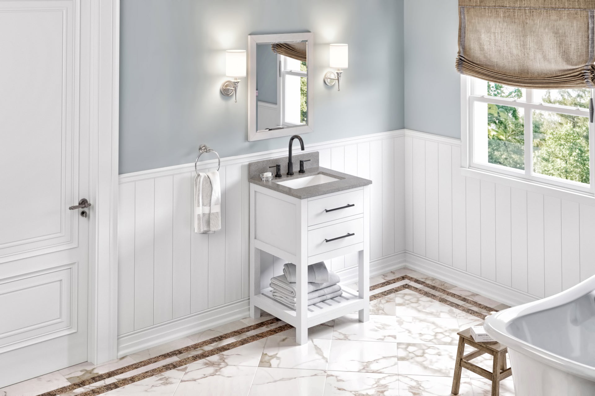 24" White Wavecrest Vanity, Steel Grey Cultured Marble Vanity Top, undermount rectangle bowl