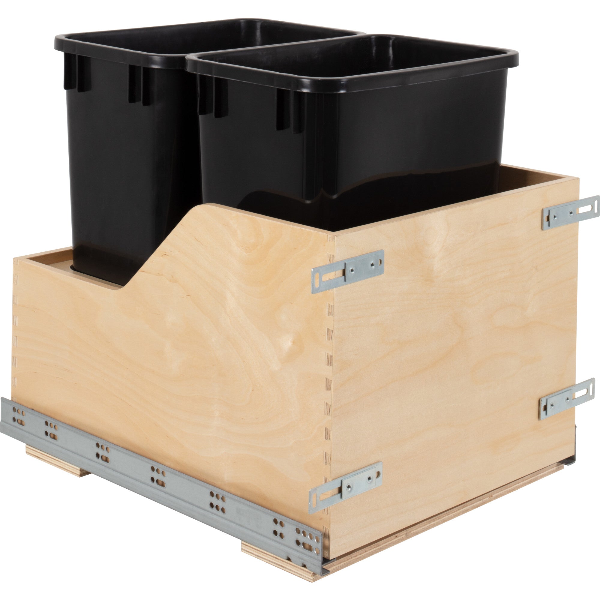 Double 35 Quart Wood Bottom-Mount Soft-close Trashcan Rollout for Door Mounting, Includes Two Black Cans | KitchBath
