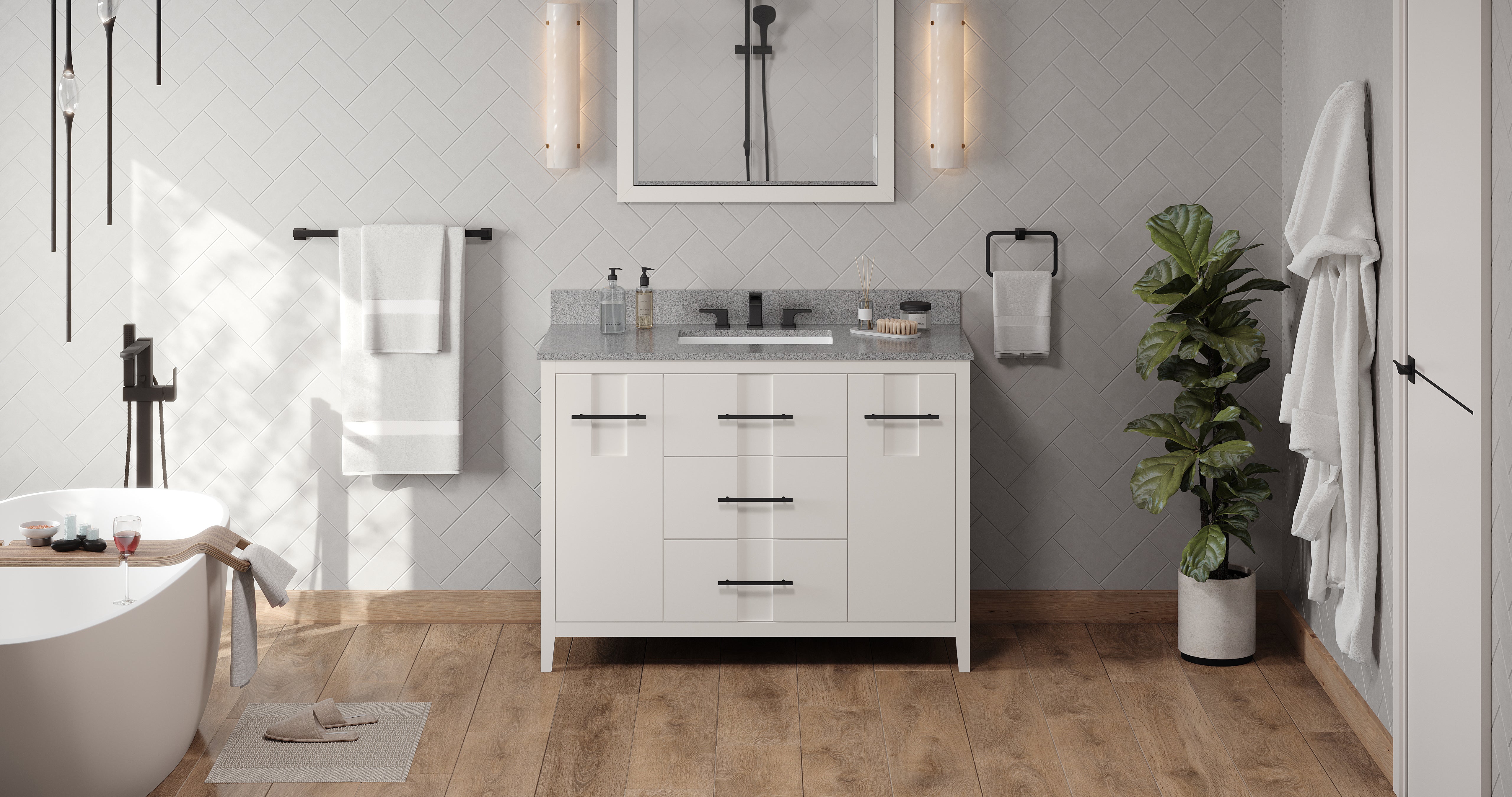 48" White Katara Vanity, Steel Grey Cultured Marble Vanity Top, undermount rectangle bowl | KitchBath