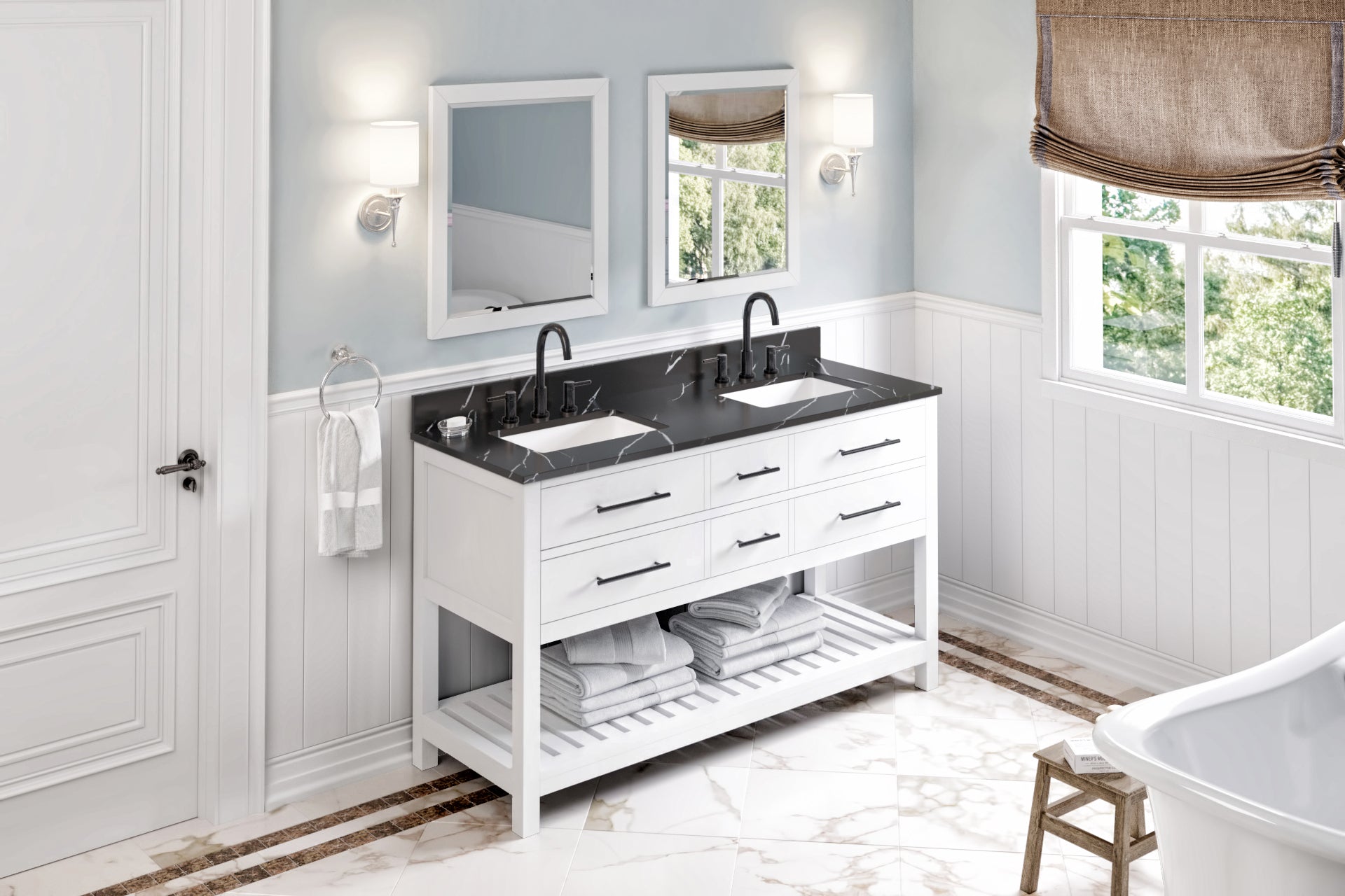 60" White Wavecrest Vanity, double bowl | KitchBath