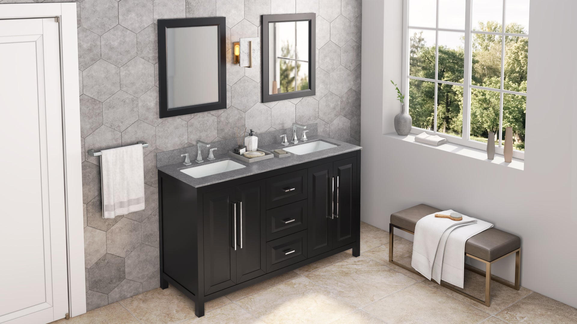 60" Black Cade Vanity, double bowl, Steel Grey Cultured Marble Vanity Top, two undermount rectangle bowls