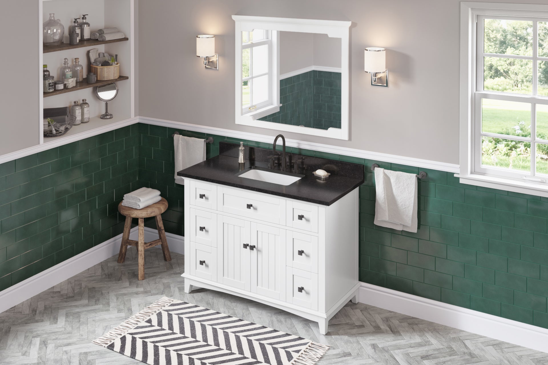 48" White Savino Vanity, Black Granite Vanity Top, undermount rectangle bowl