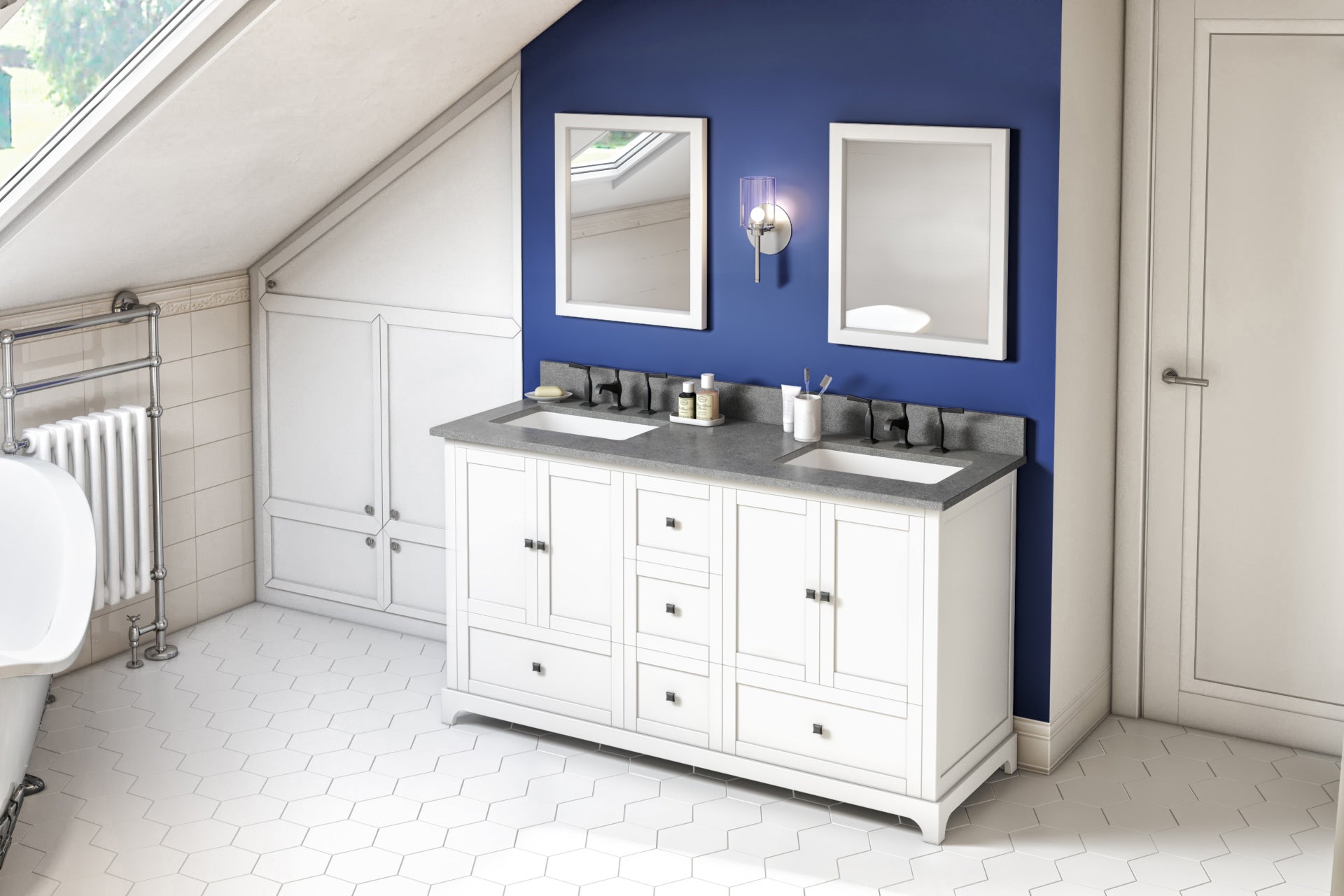 60" White Addington Vanity, double bowl, Steel Grey Cultured Marble Vanity Top, two undermount rectangle bowls