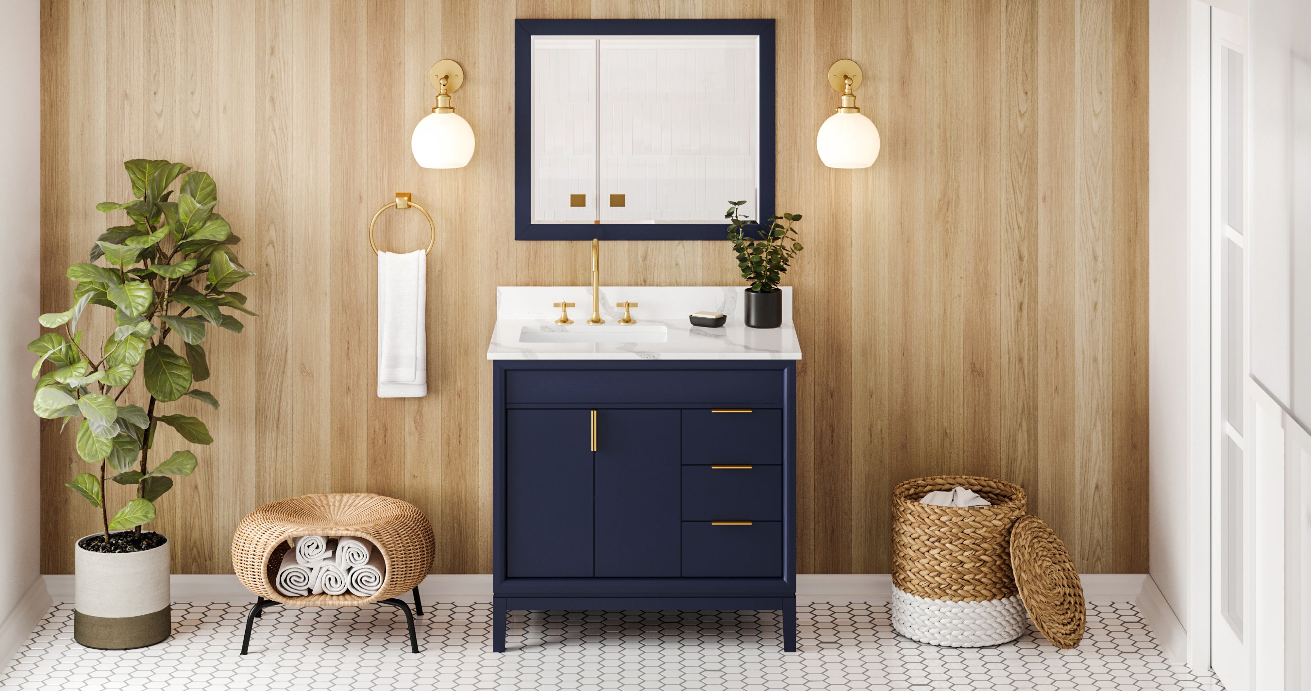 36" Hale Blue Theodora Vanity, left offset, Calacatta Vienna Quartz Vanity Top, undermount rectangle bowl | KitchBath