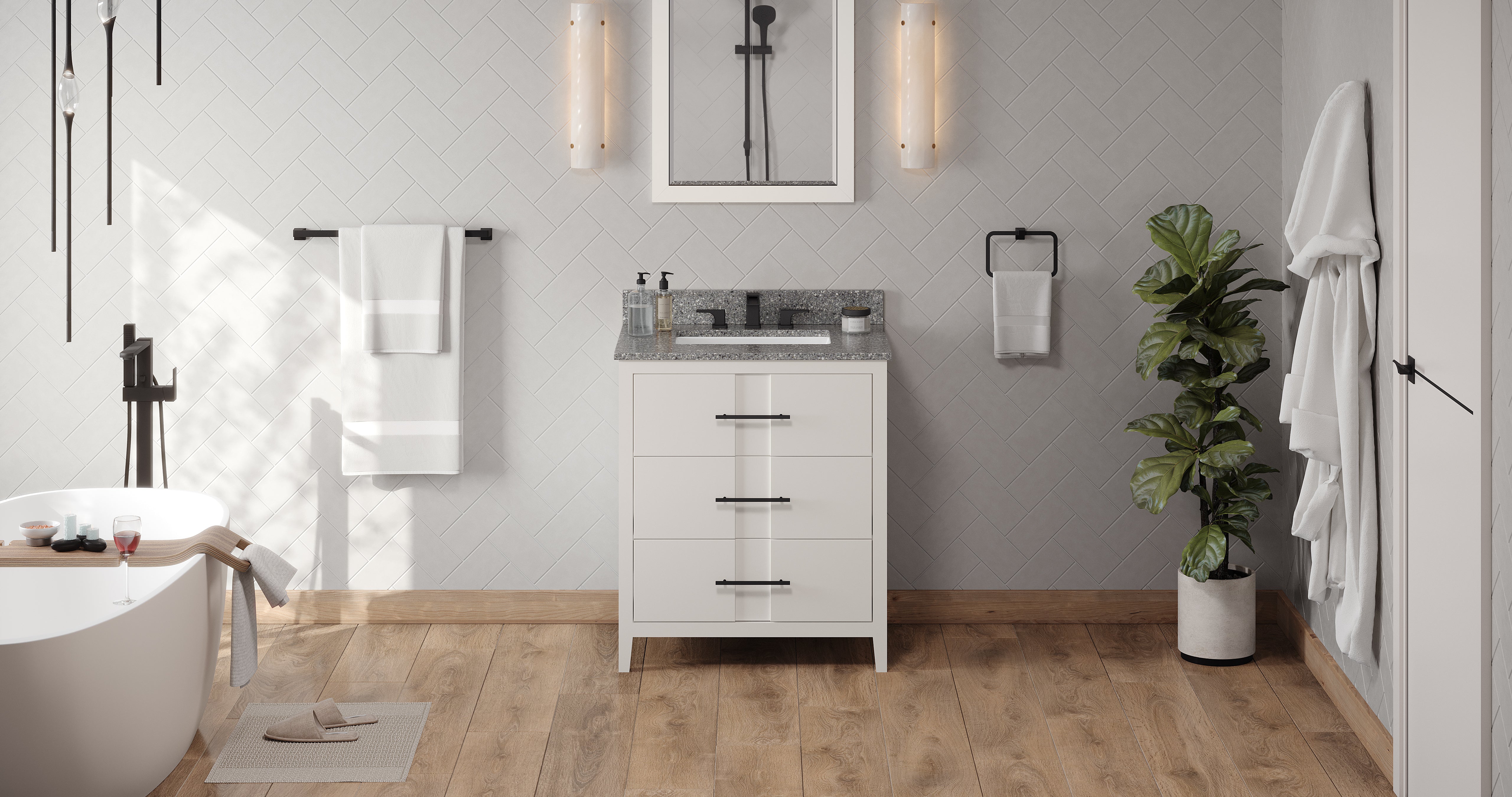 30" White Katara Vanity, Boulder Cultured Marble Vanity Top, undermount rectangle bowl | KitchBath