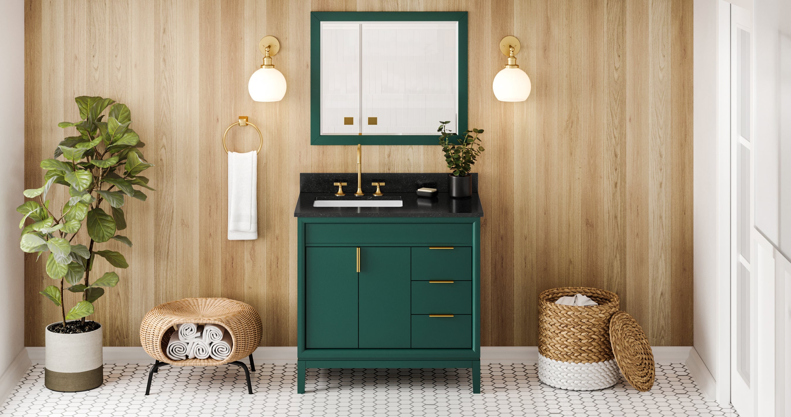 36" Forest Green Theodora Vanity, left offset, Black Granite Vanity Top, undermount rectangle bowl | KitchBath