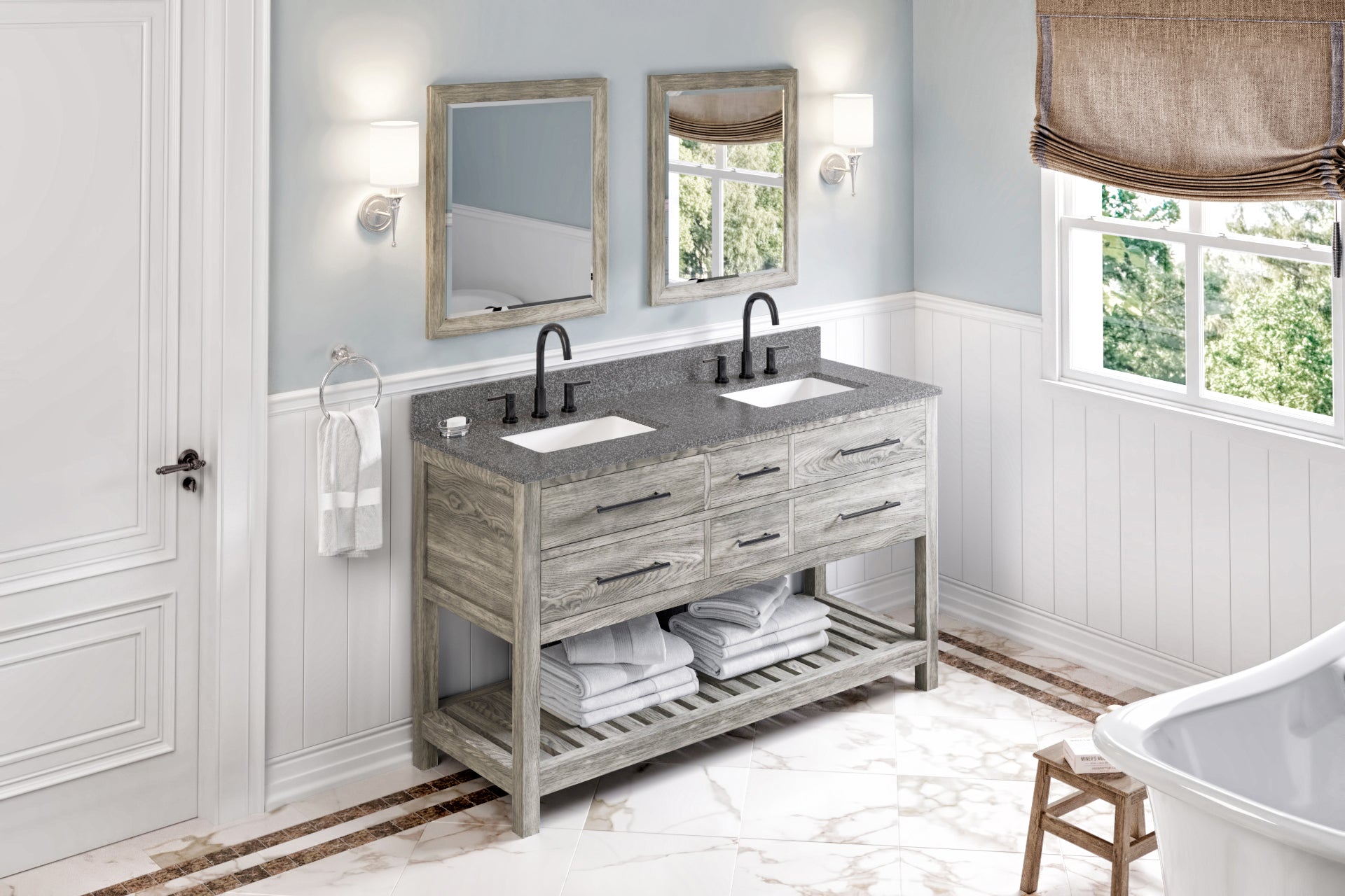 60" Weathered Grey Wavecrest Vanity, double bowl, Boulder Cultured Marble Vanity Top, two undermount rectangle bowls | KitchBath