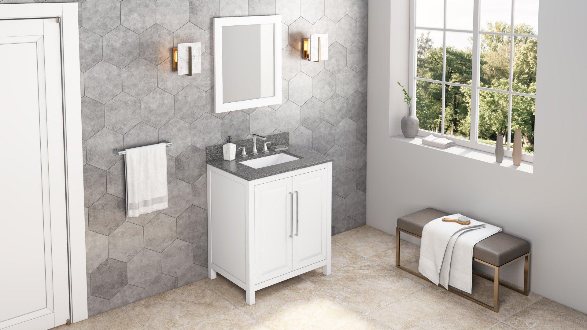 30" White Cade Vanity, Boulder Cultured Marble Vanity Top, undermount rectangle bowl