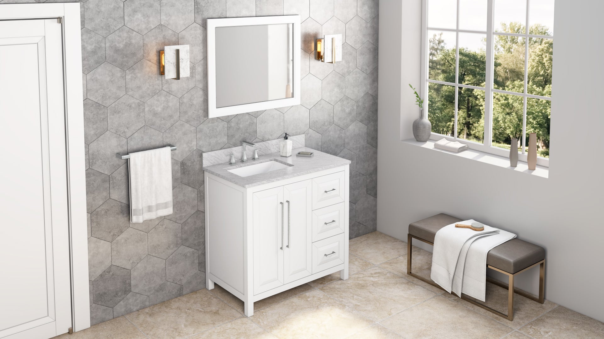 36" White Cade Vanity, left offset | KitchBath