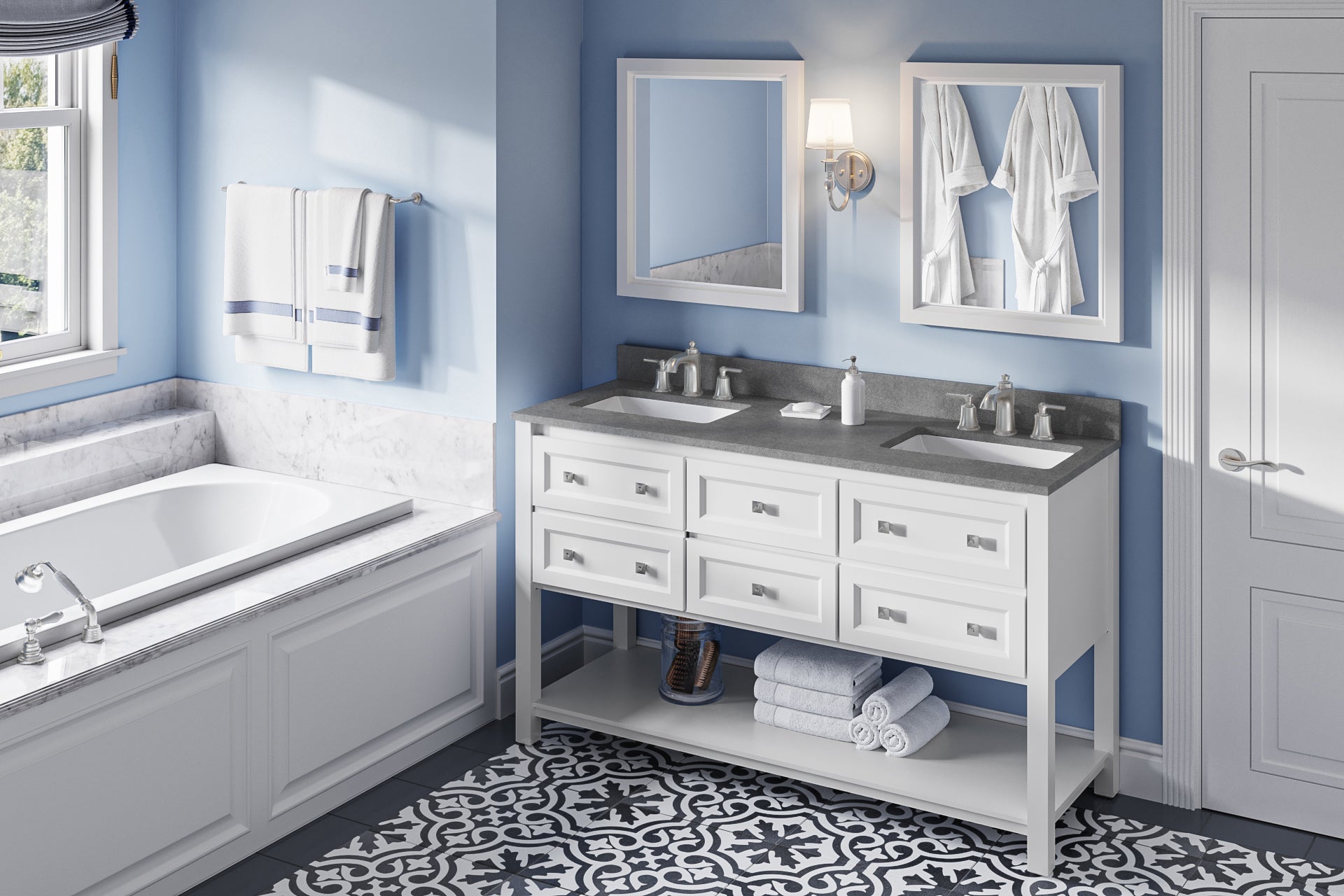 60" White Adler Vanity, double bowl, Steel Grey Cultured Marble Vanity Top, two undermount rectangle bowls