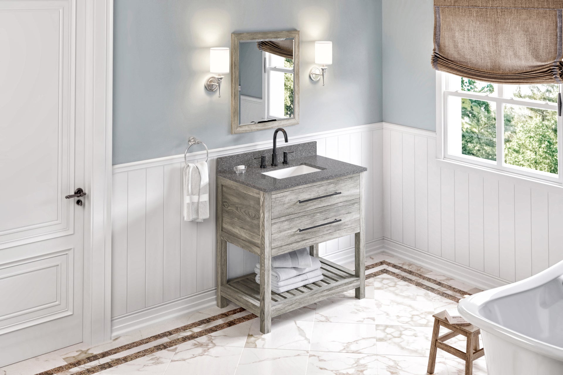 36" Weathered Grey Wavecrest Vanity, Boulder Cultured Marble Vanity Top, undermount rectangle bowl | KitchBath