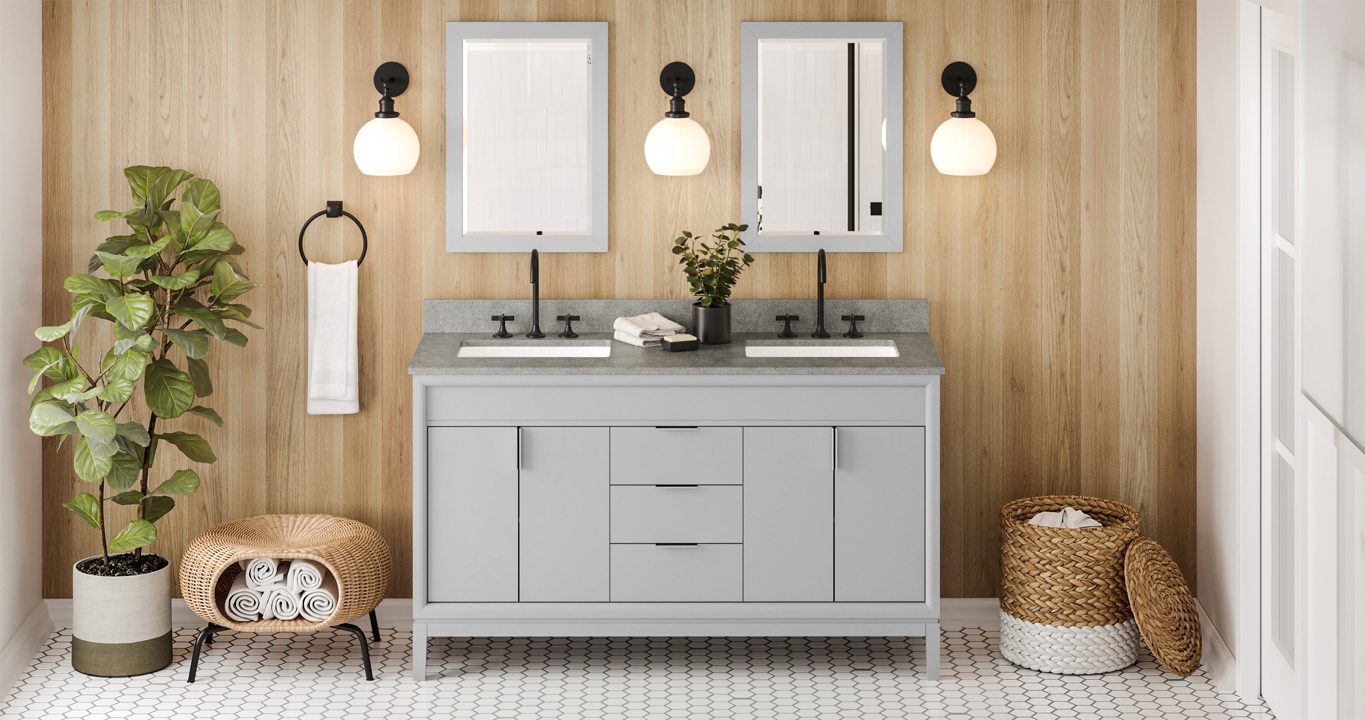 60" Grey Theodora Vanity, double bowl, Steel Grey Cultured Marble Vanity Top, two undermount rectangle bowls | KitchBath