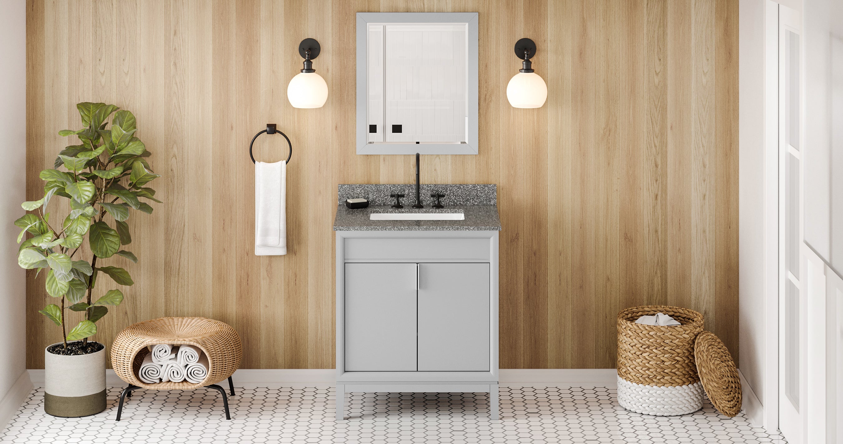 30" Grey Theodora Vanity, Boulder Cultured Marble Vanity Top, undermount rectangle bowl | KitchBath