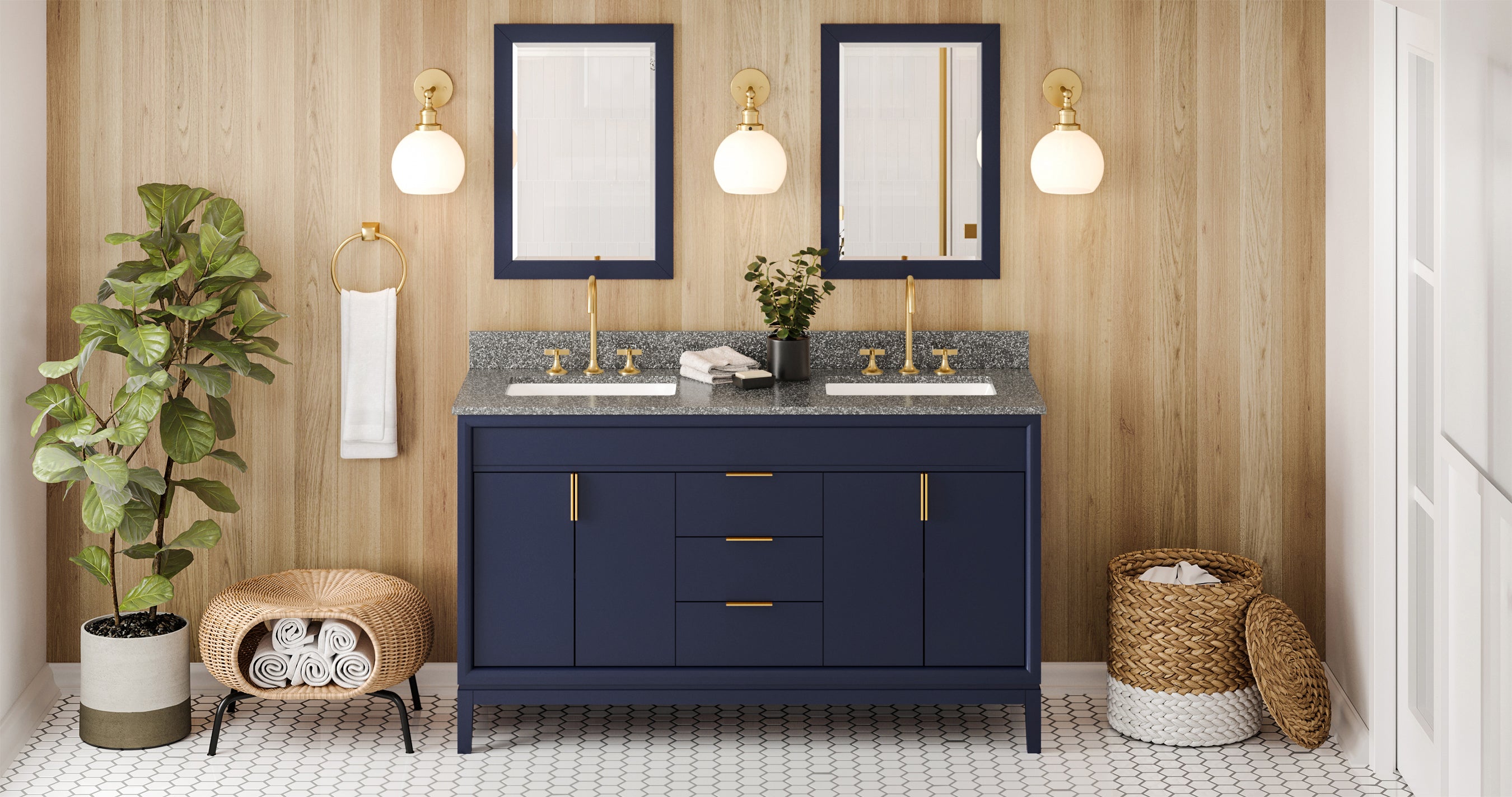 60" Hale Blue Theodora Vanity, double bowl, Boulder Cultured Marble Vanity Top, two undermount rectangle bowls | KitchBath