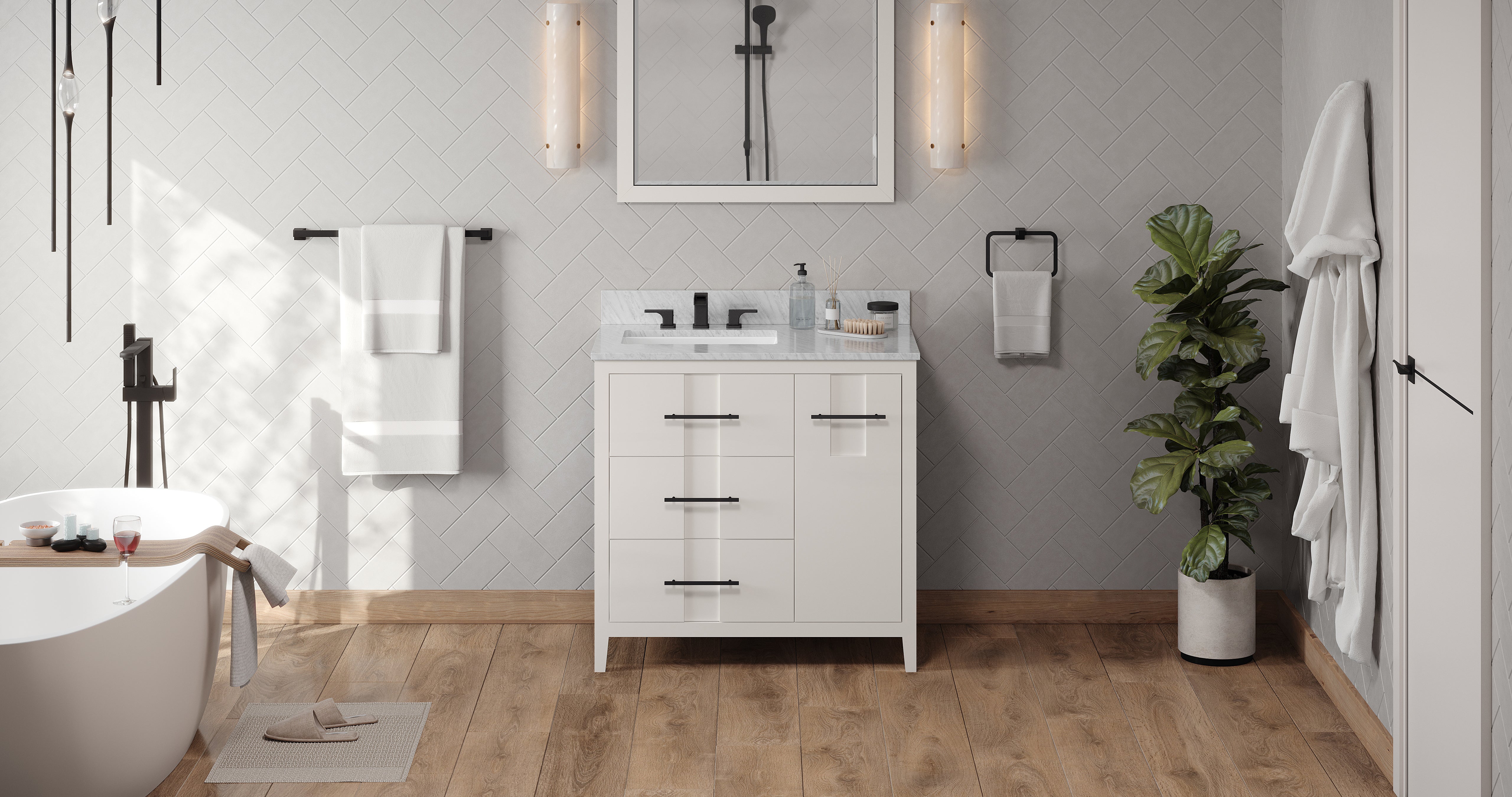 36" White Katara Vanity, left offset | KitchBath