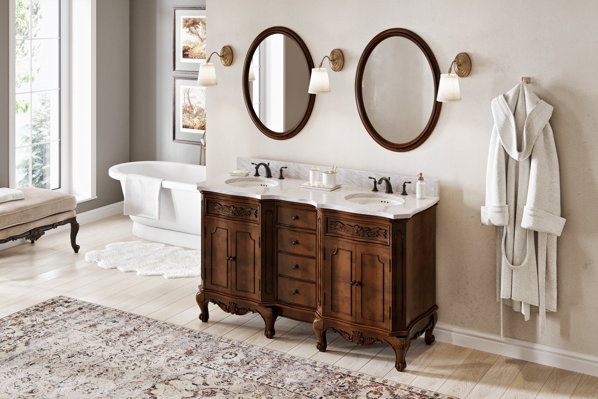 60" Nutmeg Clairemont Vanity, double bowl | KitchBath