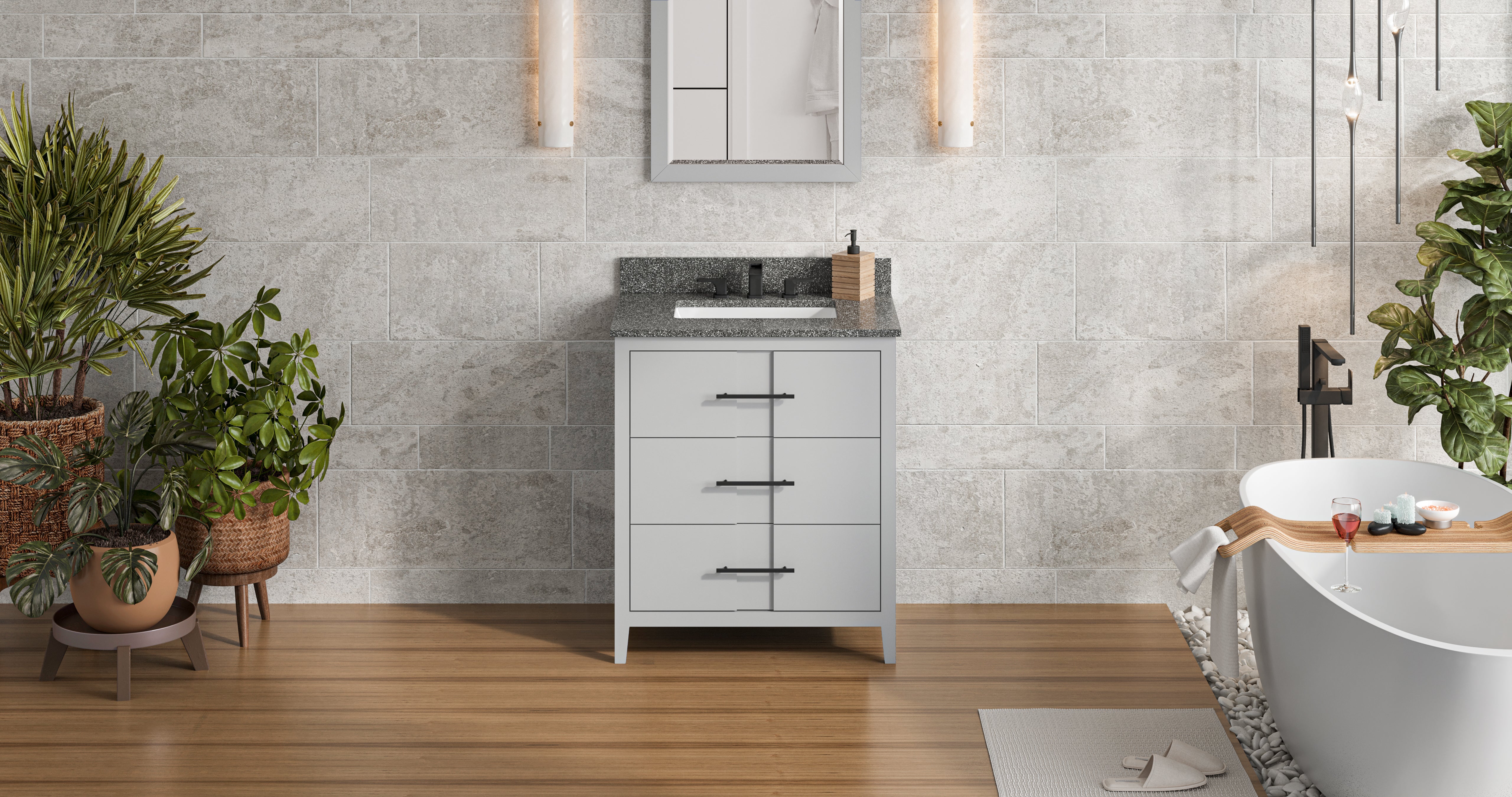 30" Grey Katara Vanity, Boulder Cultured Marble Vanity Top, undermount rectangle bowl | KitchBath