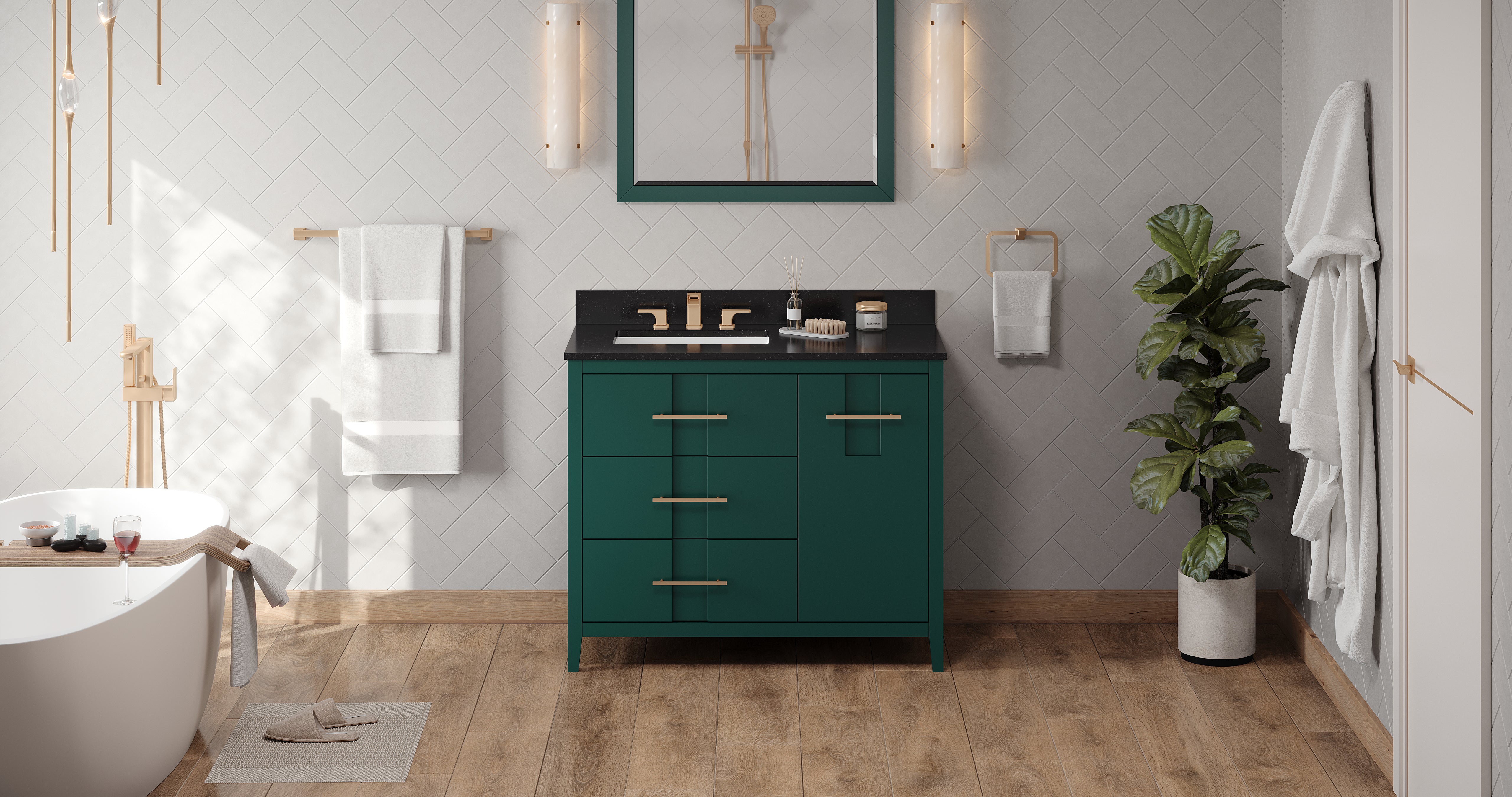 42" Forest Green Katara Vanity, left offset, Black Granite Vanity Top, undermount rectangle bowl | KitchBath