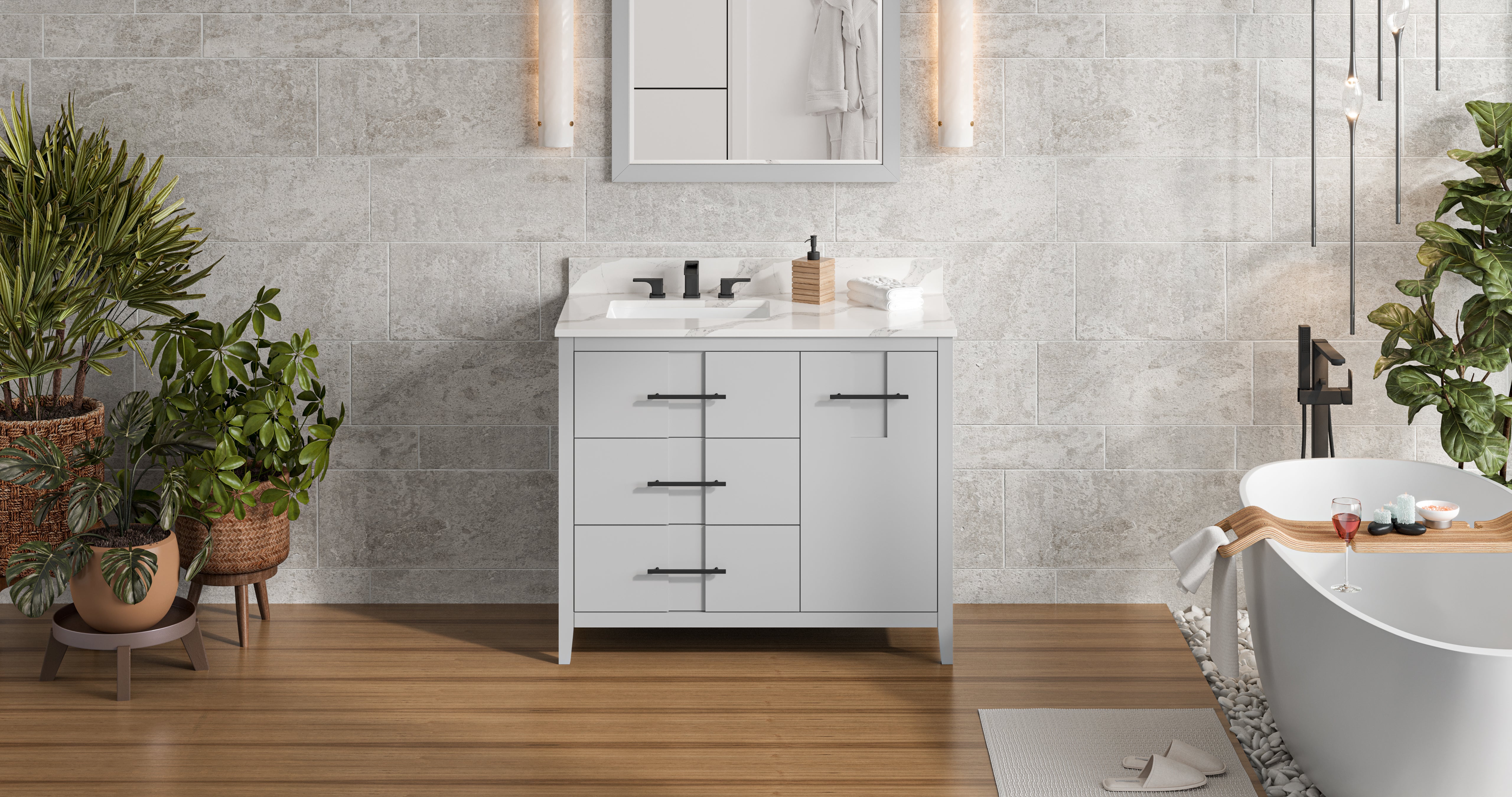 42" Grey Katara Vanity, left offset, Calacatta Vienna Quartz Vanity Top, undermount rectangle bowl | KitchBath