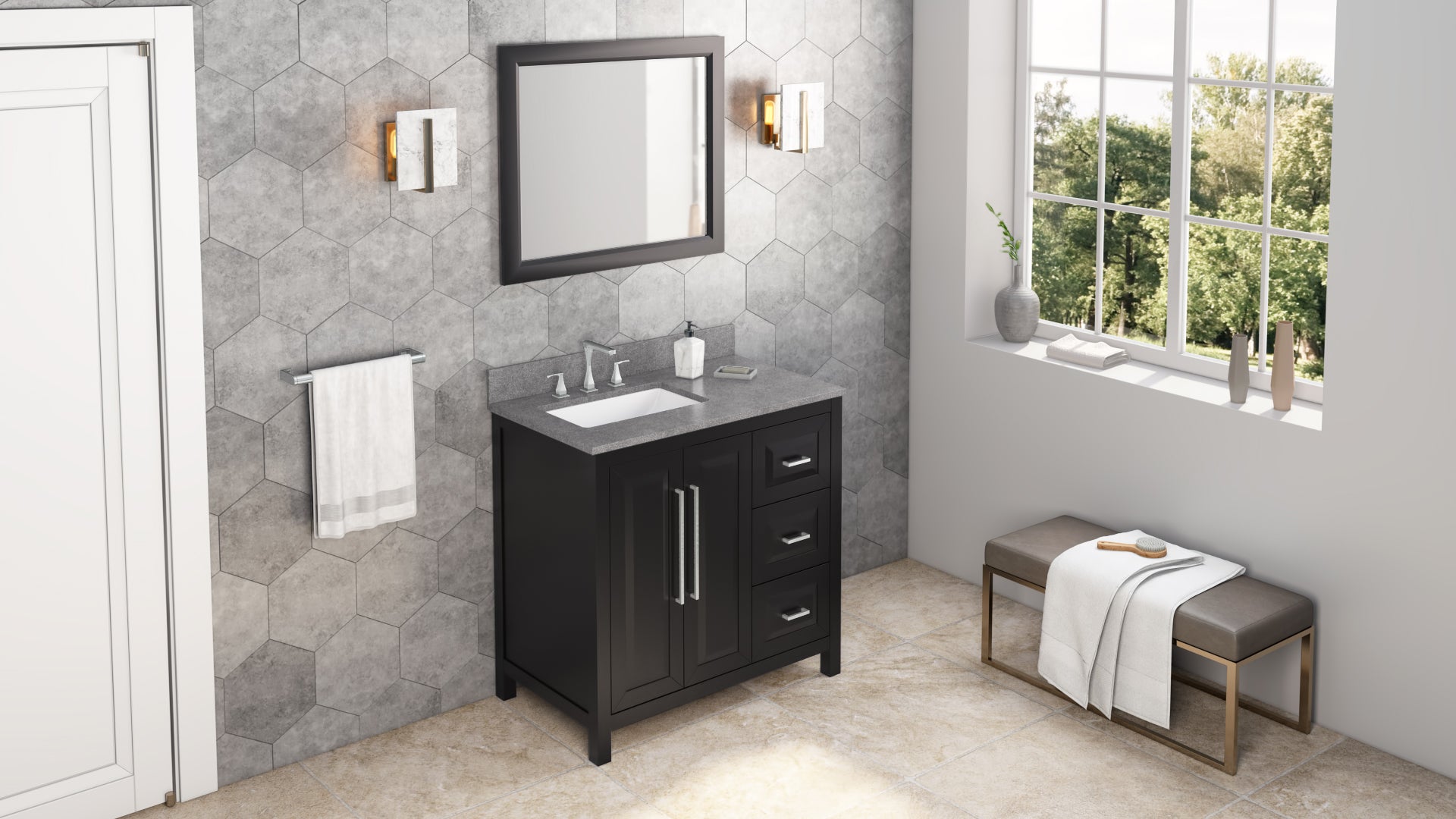36" Black Cade Vanity, left offset, Steel Grey Cultured Marble Vanity Top, undermount rectangle bowl
