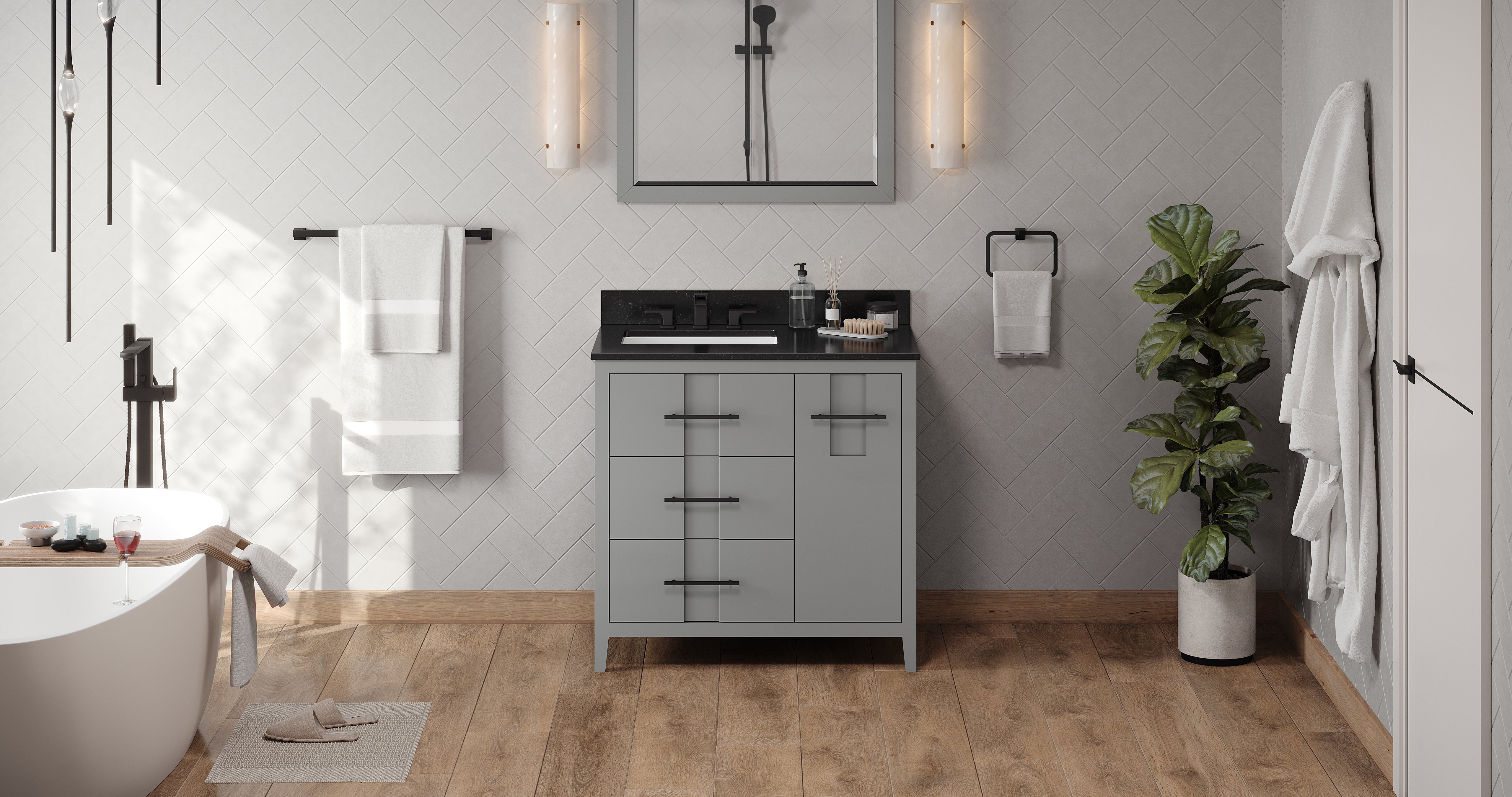 36" Grey Katara Vanity, left offset, Black Granite Vanity Top, undermount rectangle bowl | KitchBath
