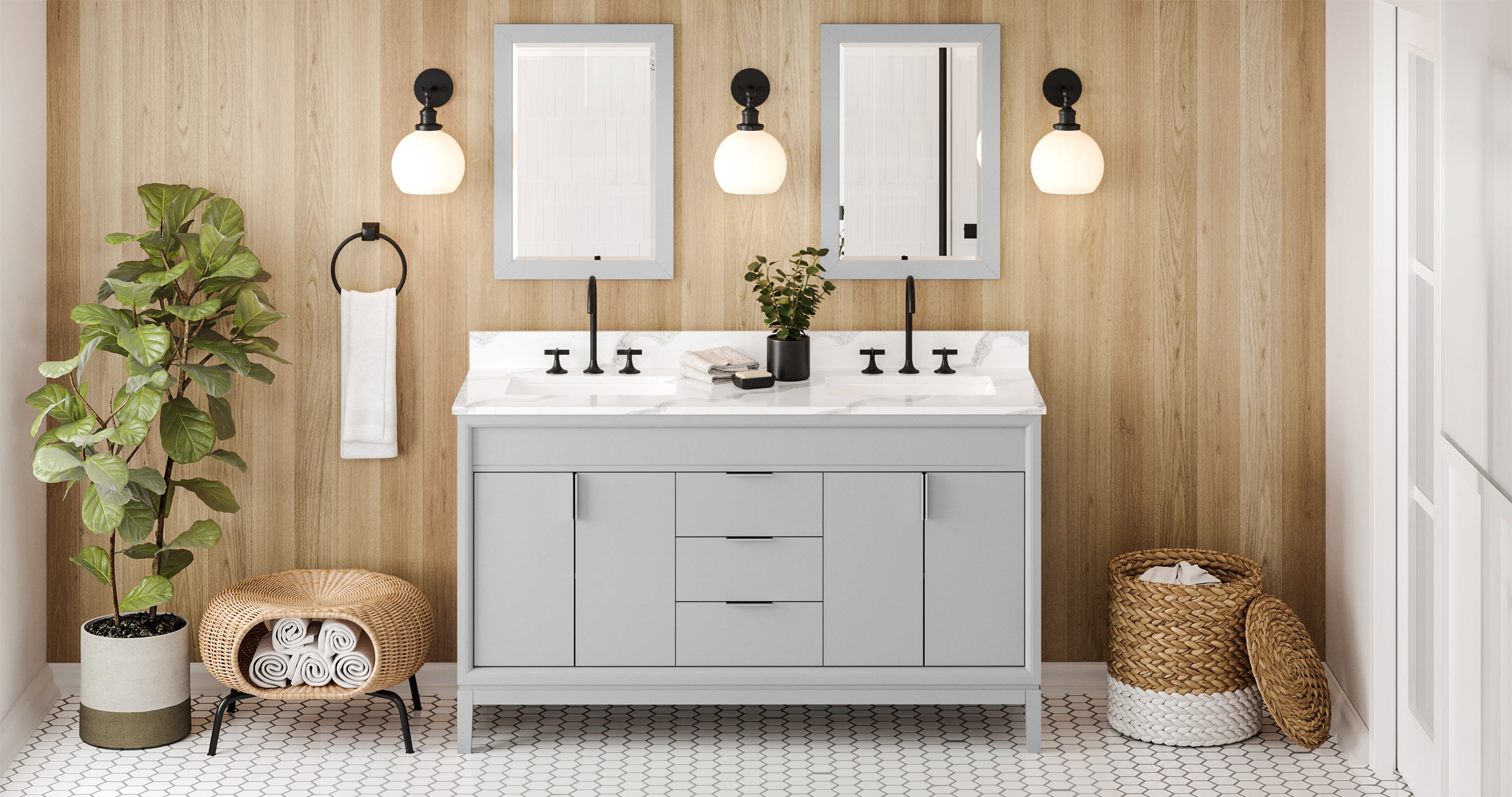 60" Grey Theodora Vanity, double bowl, Calacatta Vienna Quartz Vanity Top, two undermount rectangle bowls | KitchBath