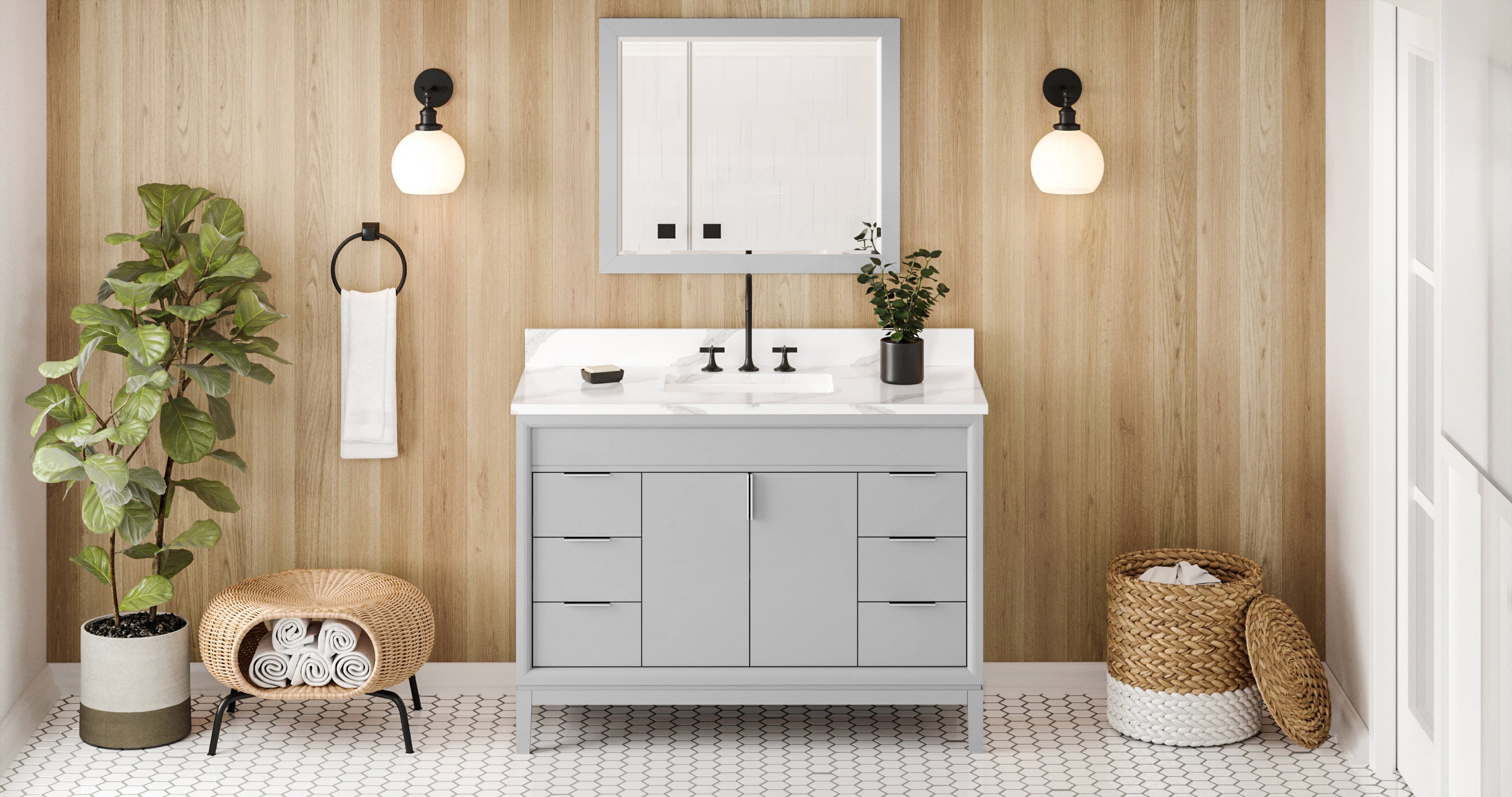 48" Grey Theodora Vanity, Calacatta Vienna Quartz Vanity Top, undermount rectangle bowl | KitchBath