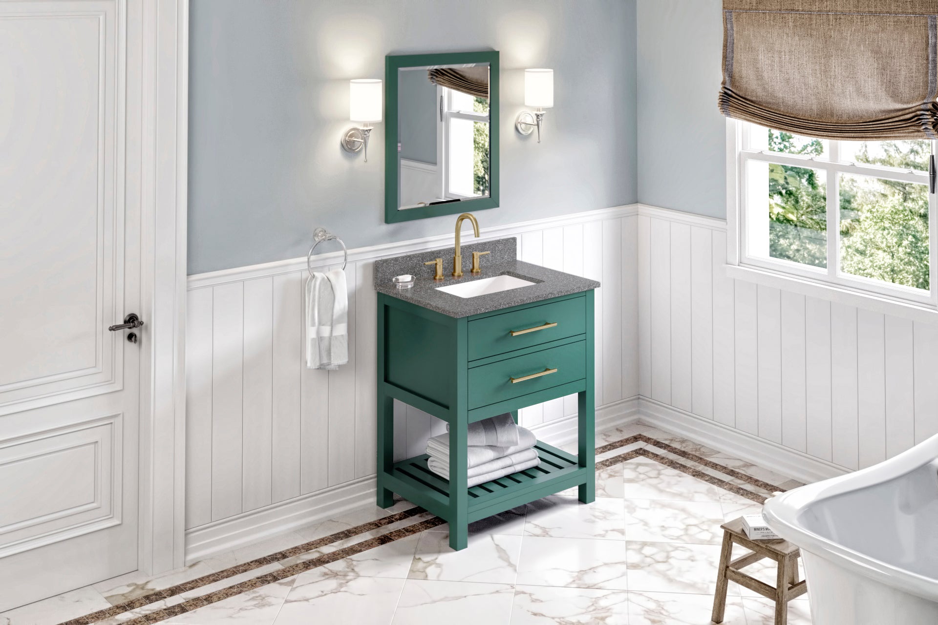 30" Forest Green Wavecrest Vanity, Boulder Cultured Marble Vanity Top, undermount rectangle bowl
