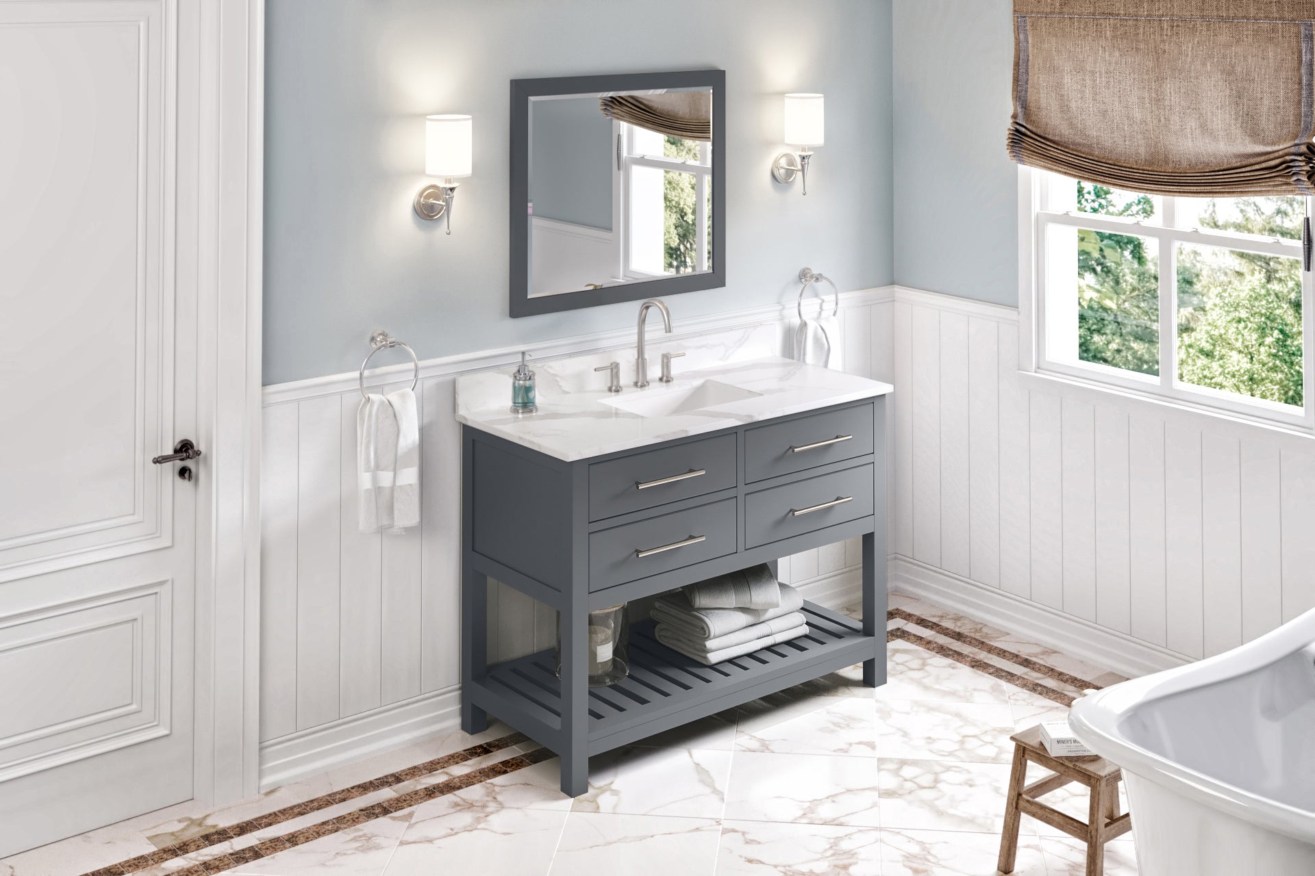 48" Grey Wavecrest Vanity, Calacatta Vienna Quartz Vanity Top, undermount rectangle bowl