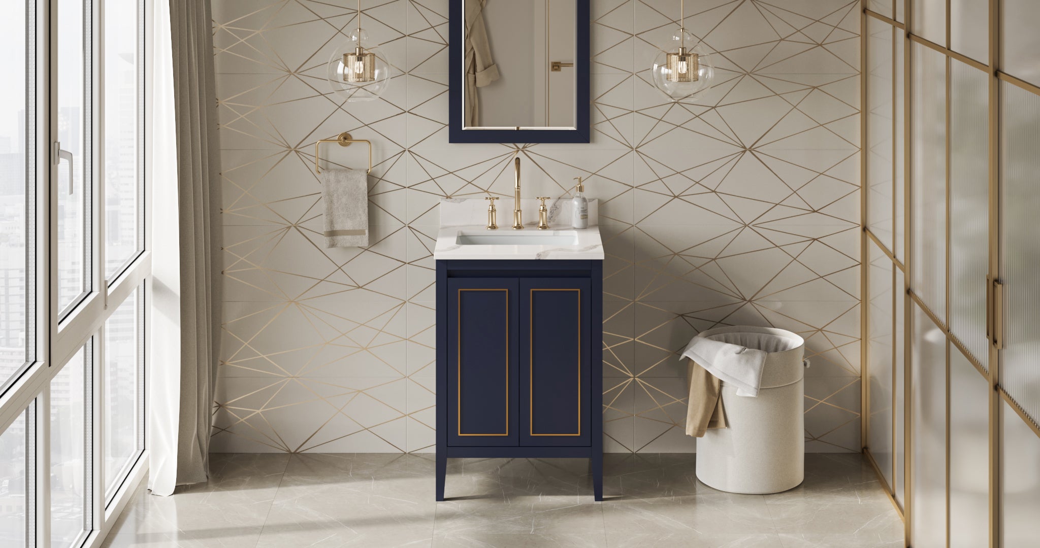 24" Hale Blue Percival Vanity, Calacatta Vienna Quartz Vanity Top, undermount rectangle bowl | KitchBath