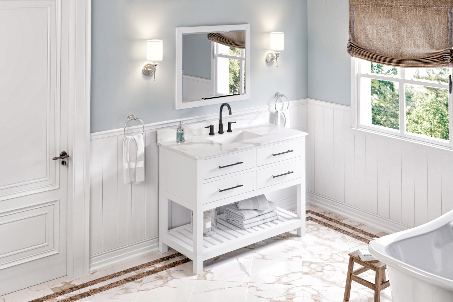 48" White Wavecrest Vanity, Calacatta Vienna Quartz Vanity Top, undermount rectangle bowl