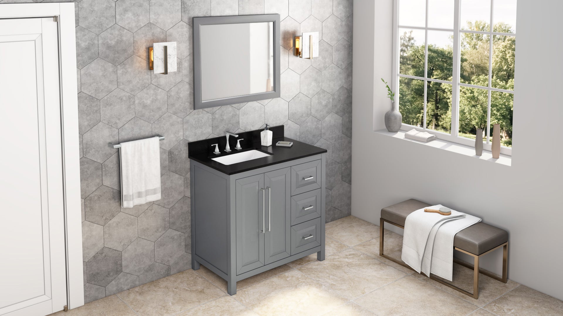36" Grey Cade Vanity, left offset, Black Granite Vanity Top, undermount rectangle bowl