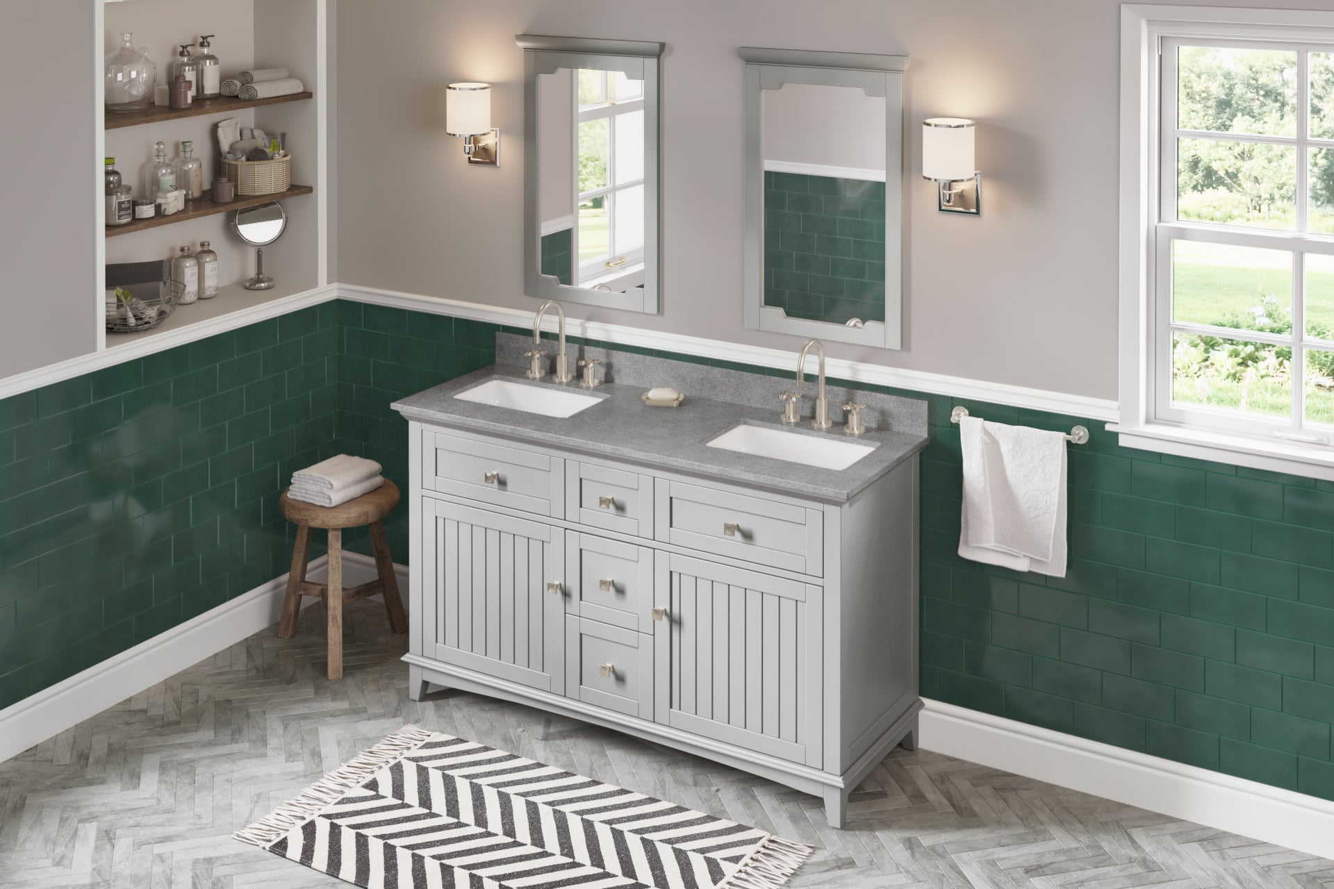 60" Grey Savino Vanity, double bowl, Steel Grey Cultured Marble Vanity Top, two undermount rectangle bowls | KitchBath