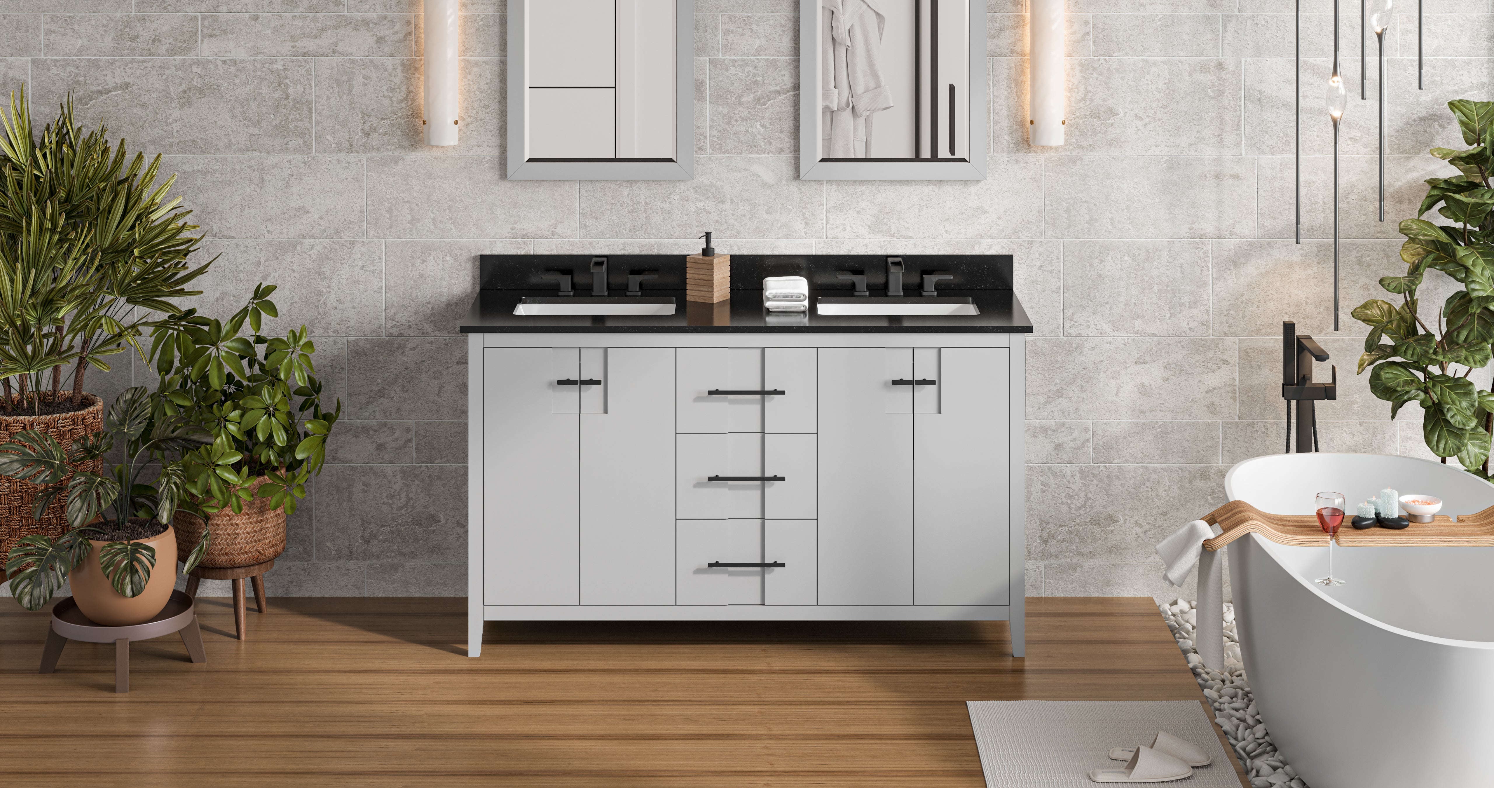 60" Grey Katara Vanity, double bowl, Black Granite Vanity Top, two undermount rectangle bowls | KitchBath
