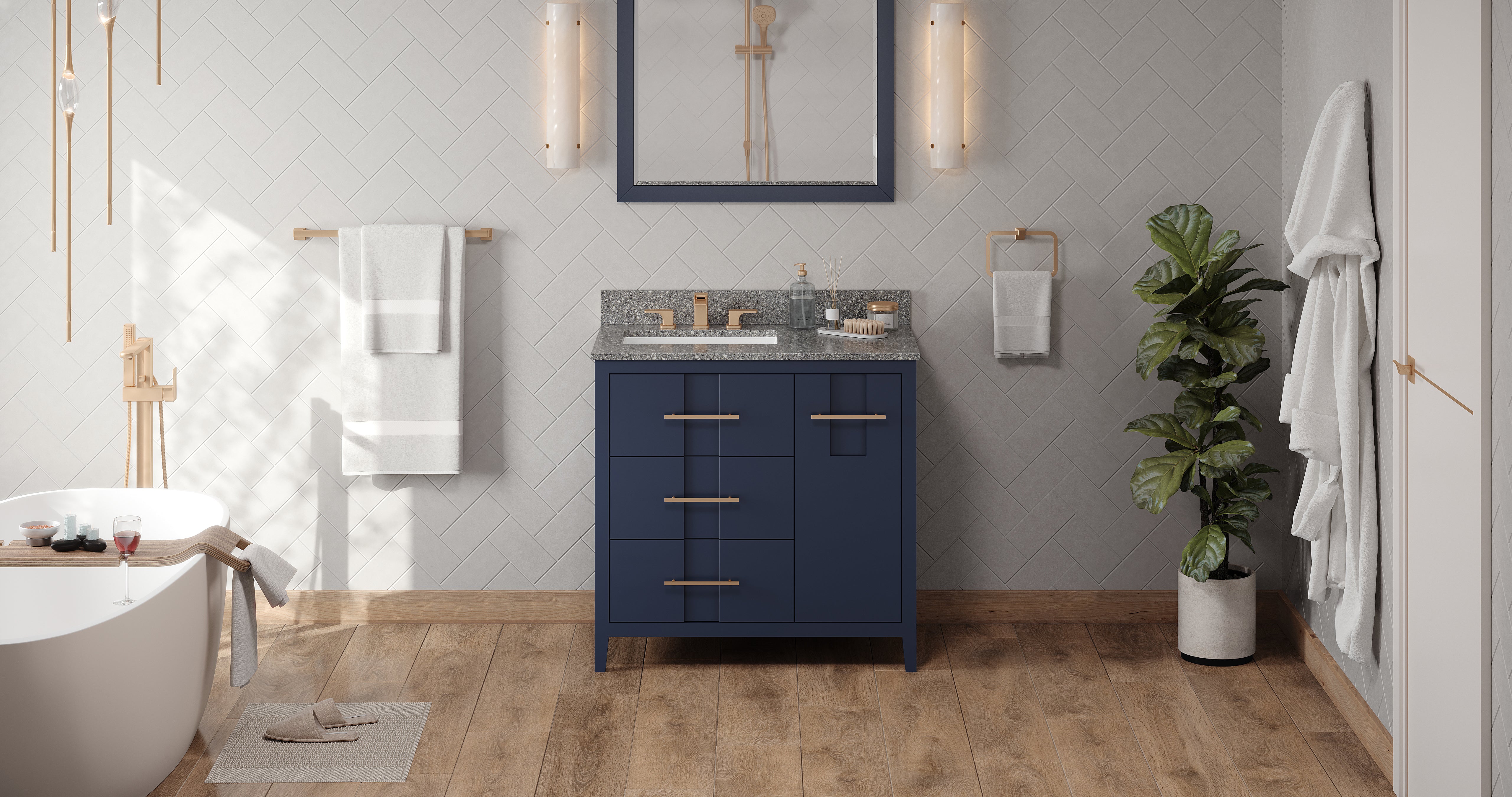 36" Hale Blue Katara Vanity, left offset, Boulder Vanity Cultured Marble Vanity Top, undermount rectangle bowl | KitchBath