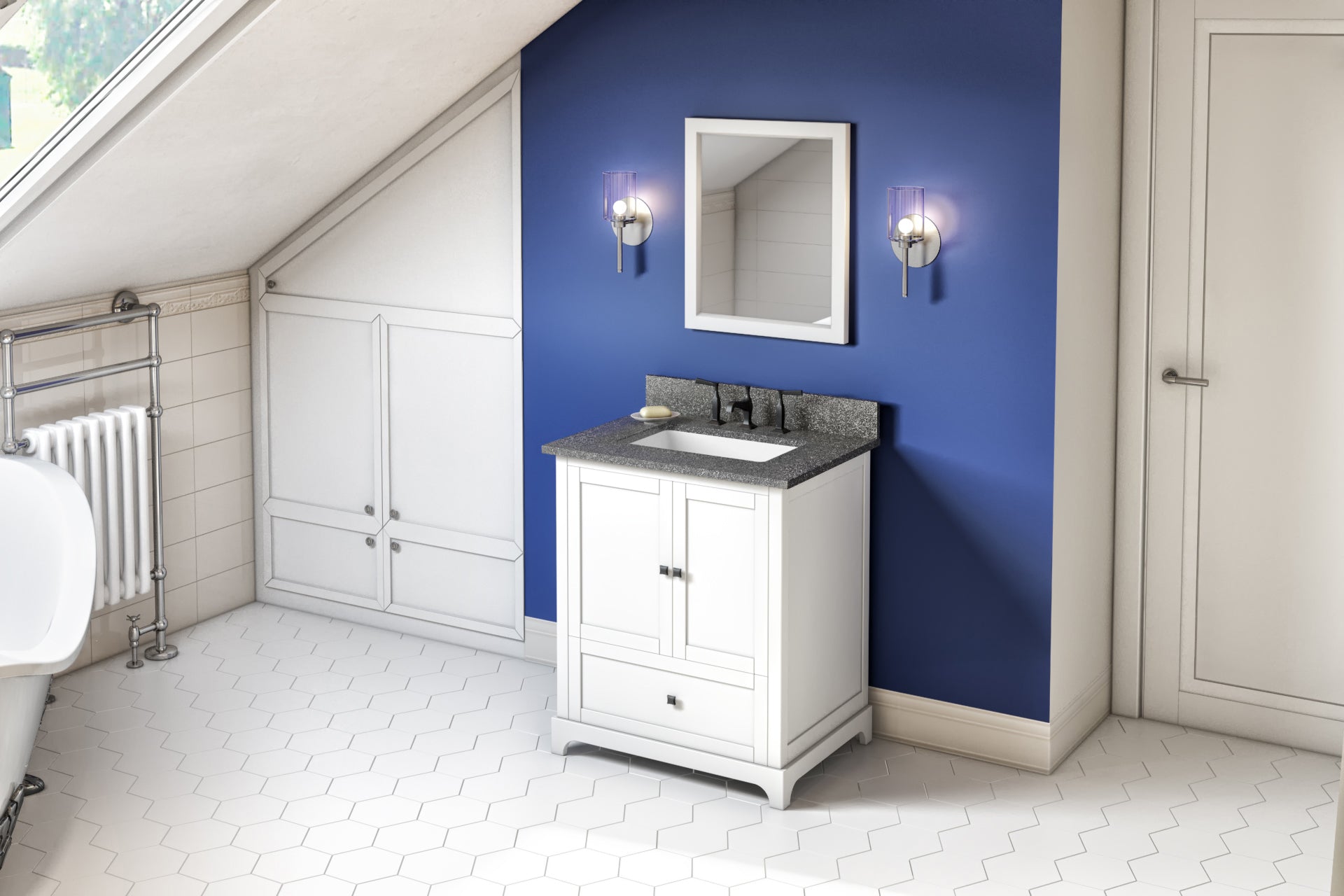 30" White Addington Vanity, Boulder Cultured Marble Vanity Top, undermount rectangle bowl