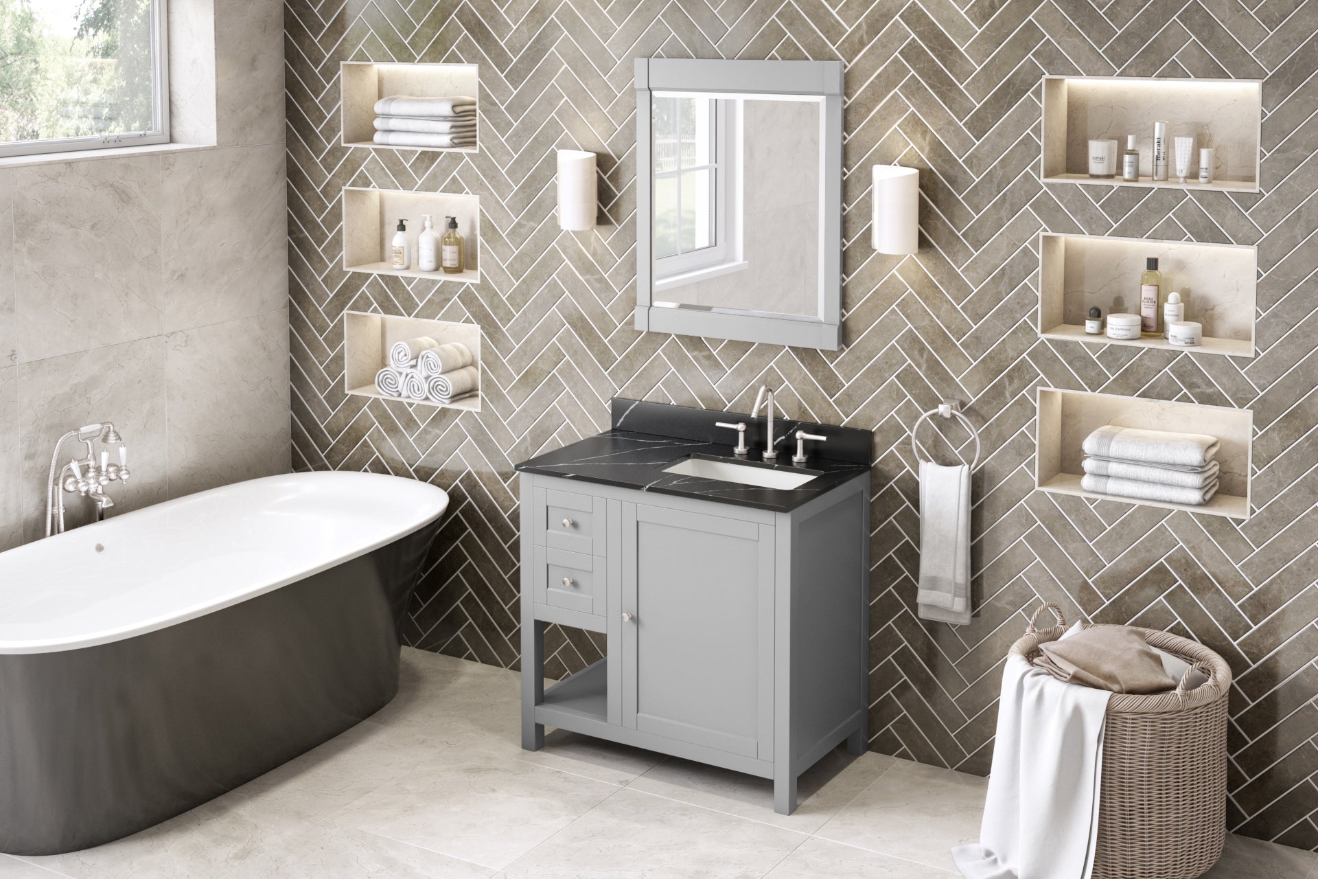 36" Grey Astoria Vanity, right offset | KitchBath