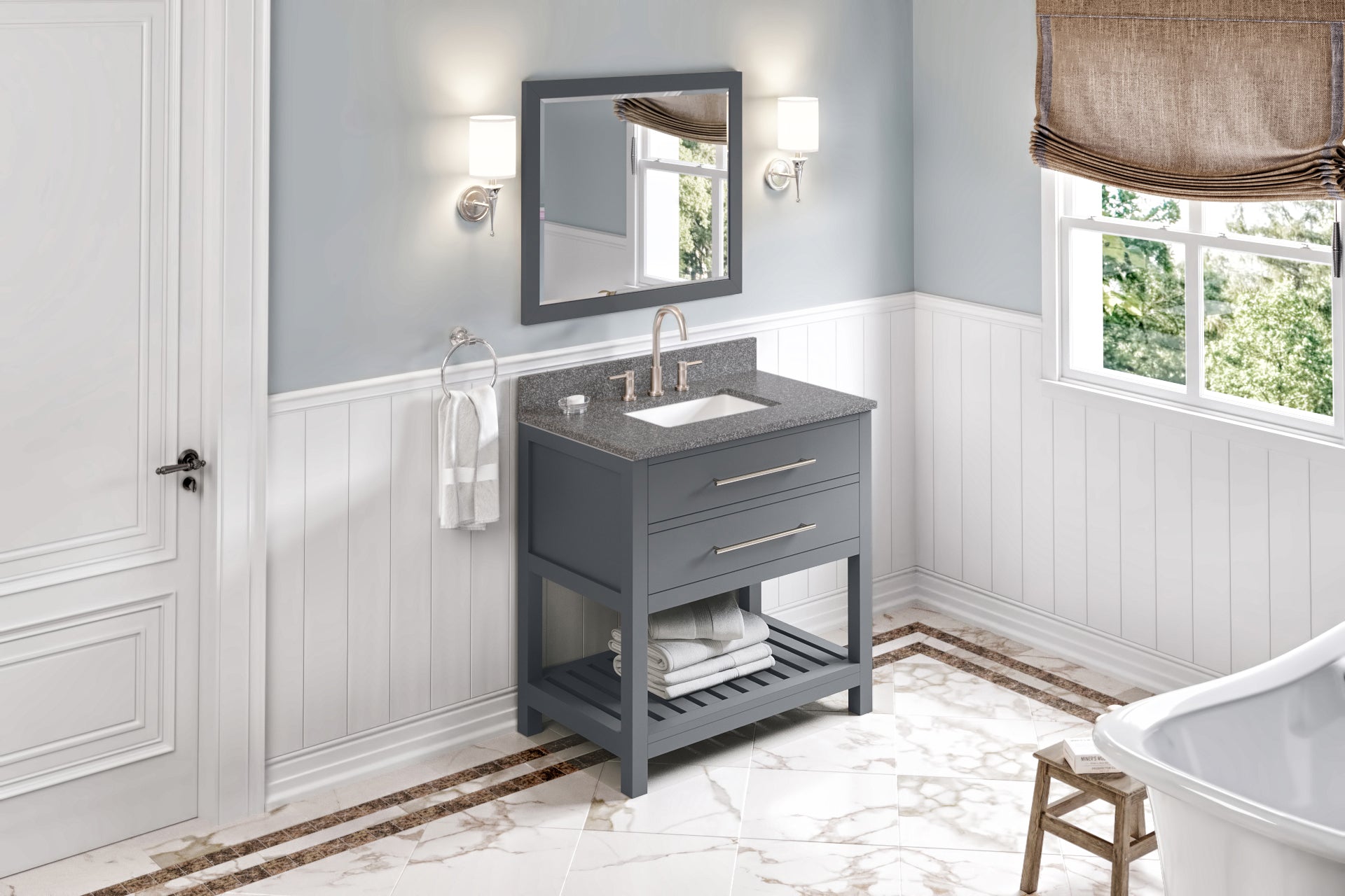 36" Grey Wavecrest Vanity, Boulder Cultured Marble Vanity Top, undermount rectangle bowl
