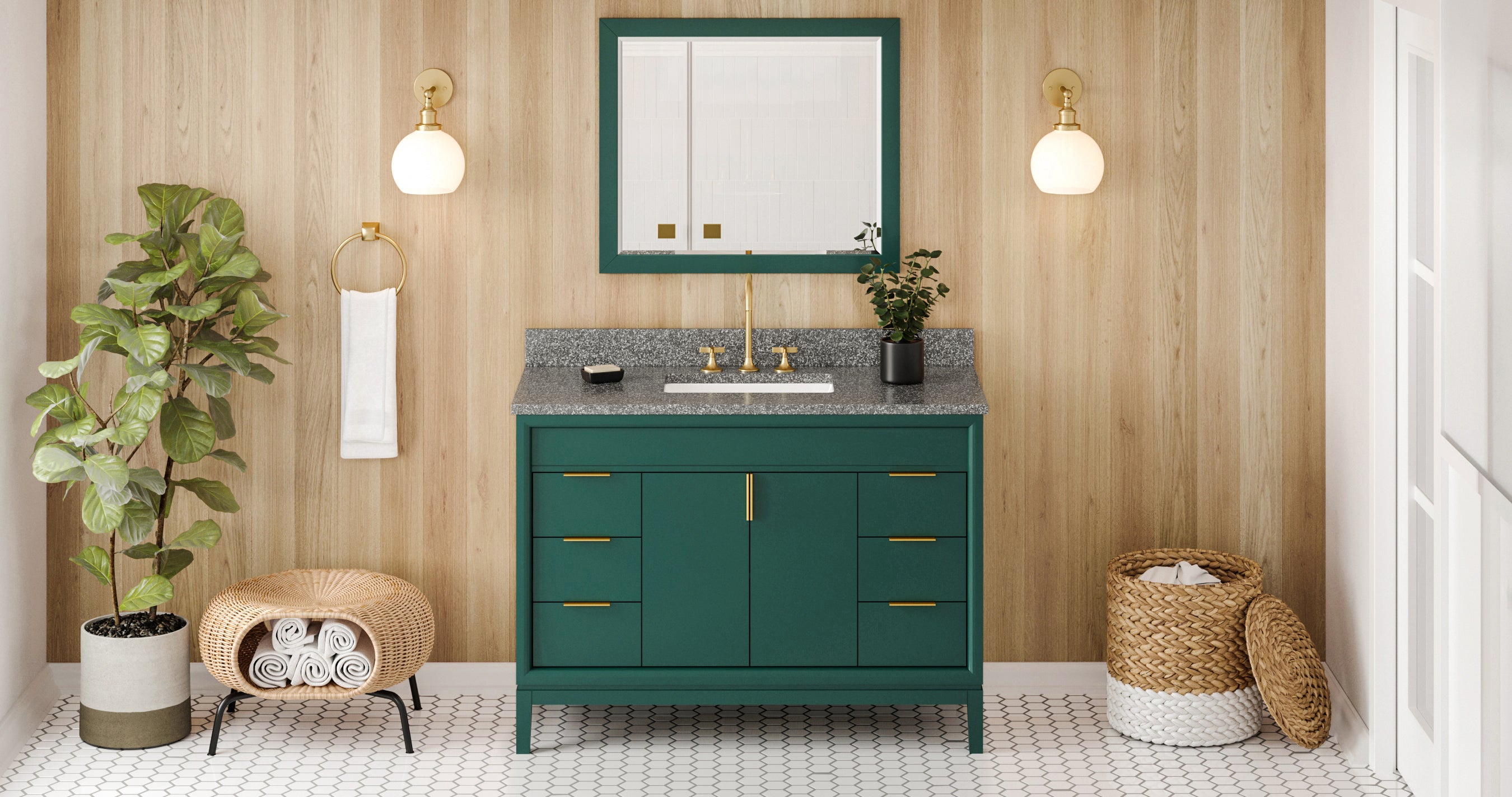 48" Forest Green Theodora Vanity, Boulder Cultured Marble Vanity Top, undermount rectangle bowl | KitchBath