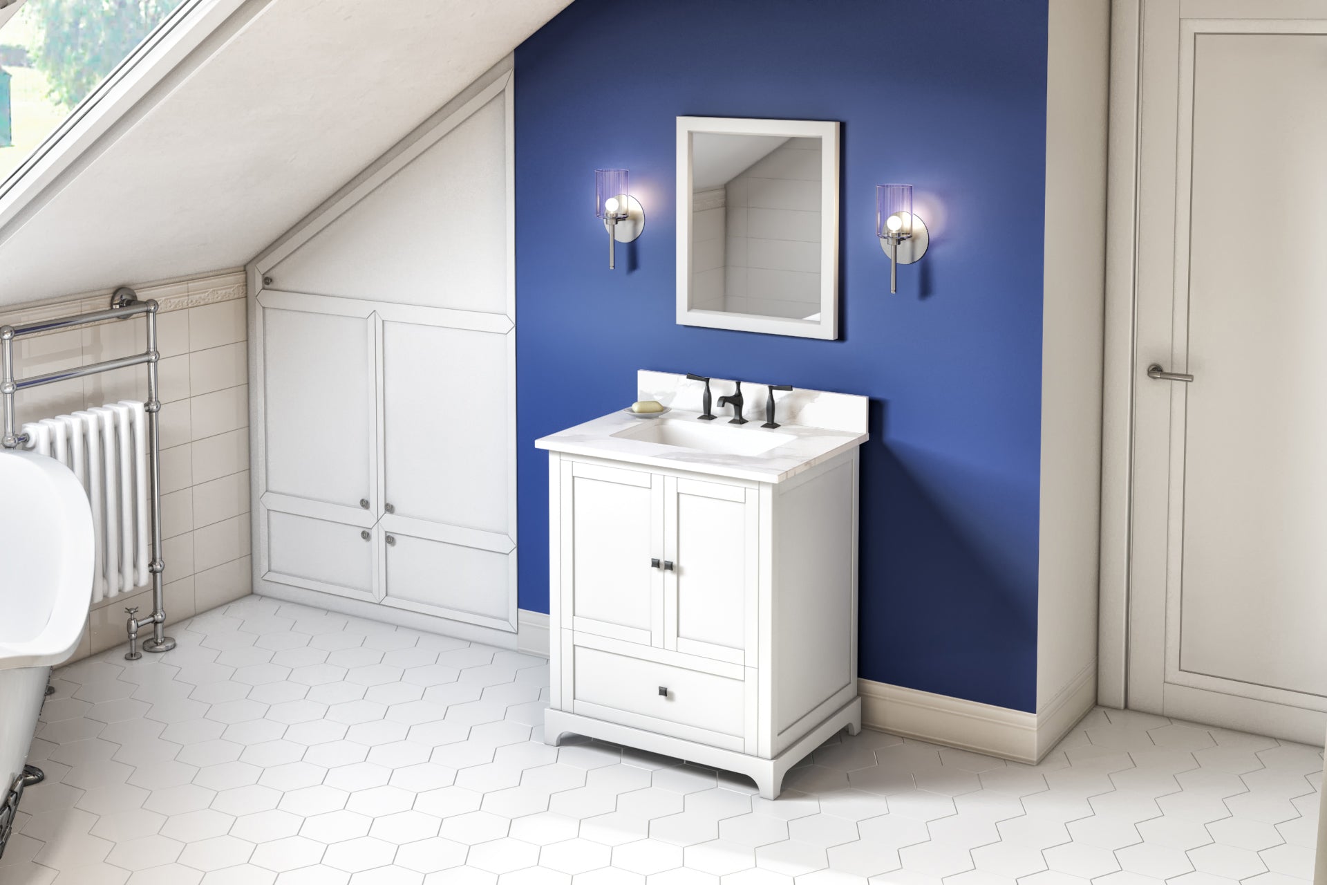 30" White Addington Vanity, Calacatta Vienna Quartz Vanity Top, undermount rectangle bowl