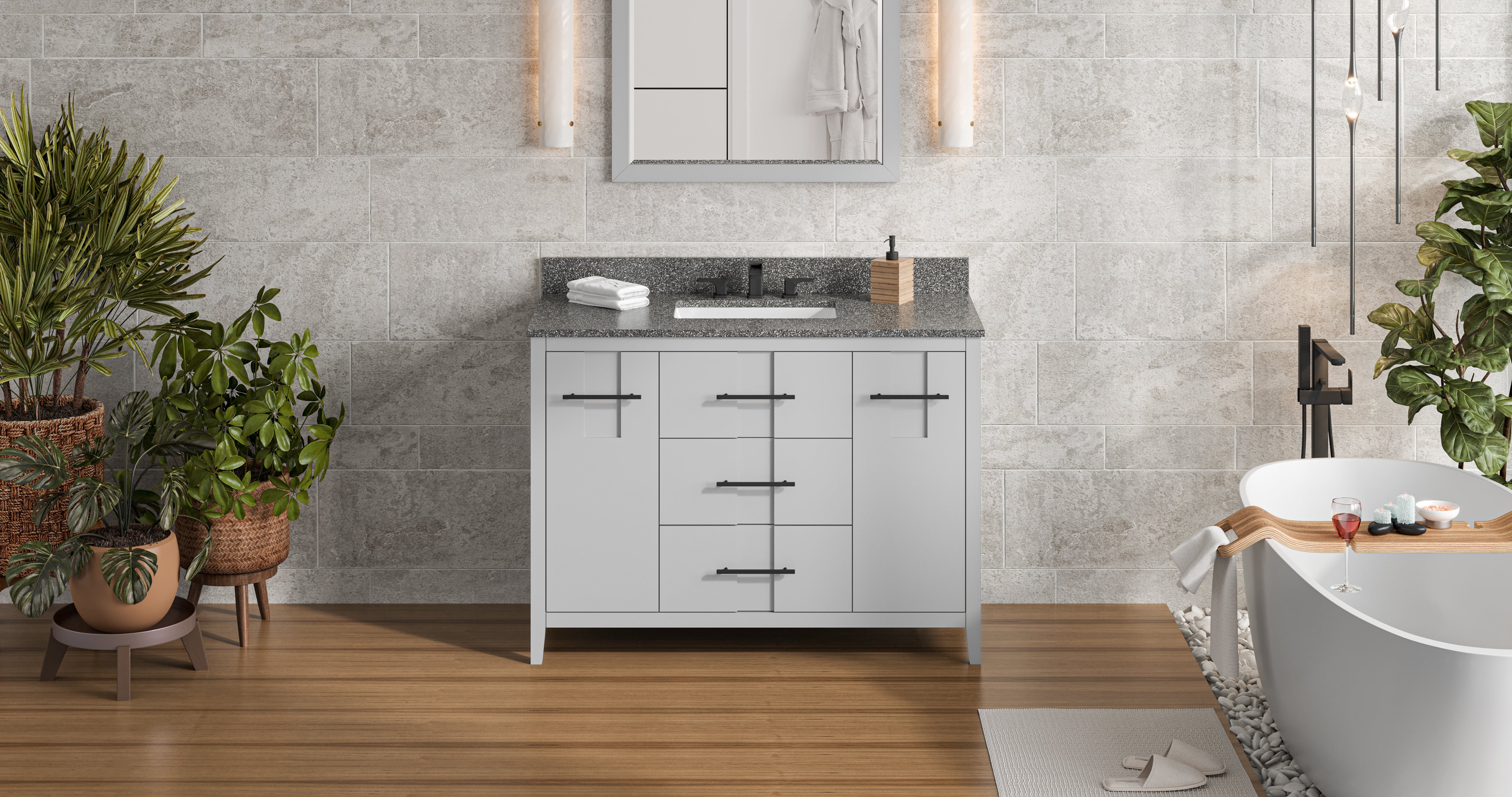 48" Grey Katara Vanity, Boulder Cultured Marble Vanity Top, undermount rectangle bowl | KitchBath