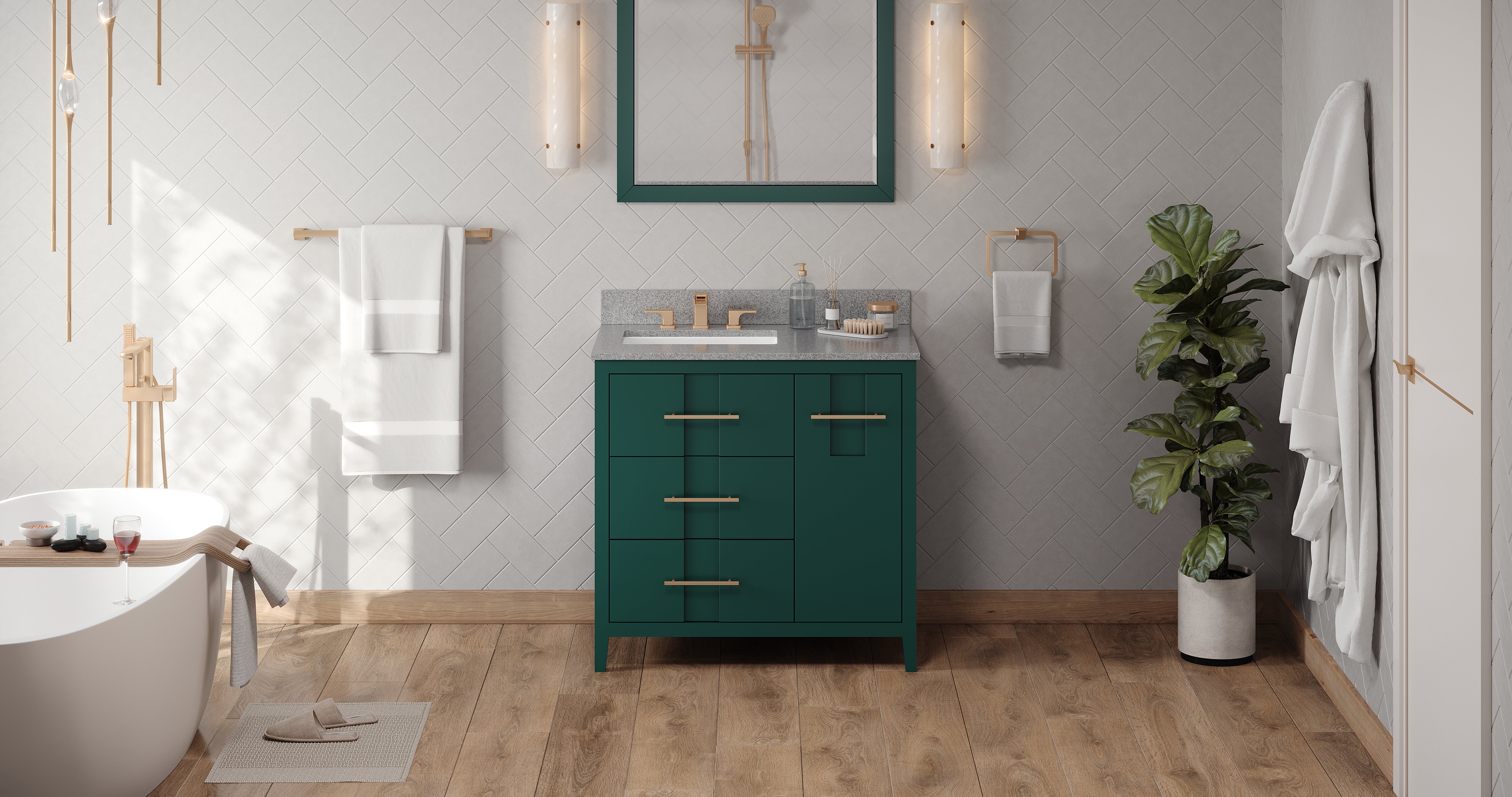 36" Forest Green Katara Vanity, left offset, Steel Grey Cultured Marble Vanity Top, undermount rectangle bowl | KitchBath