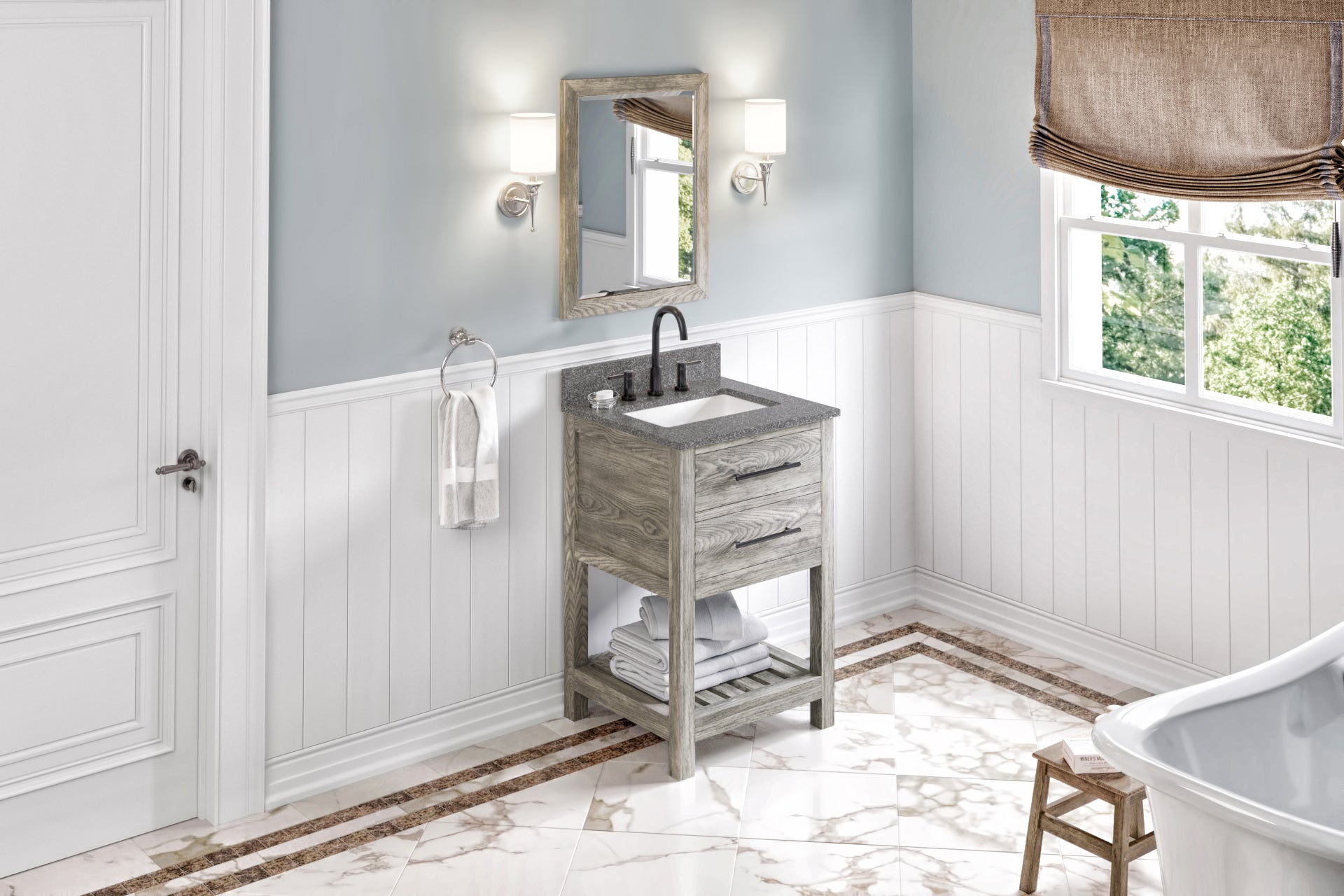 24" Weathered Grey Wavecrest Vanity, Boulder Cultured Marble Vanity Top, undermount rectangle bowl | KitchBath