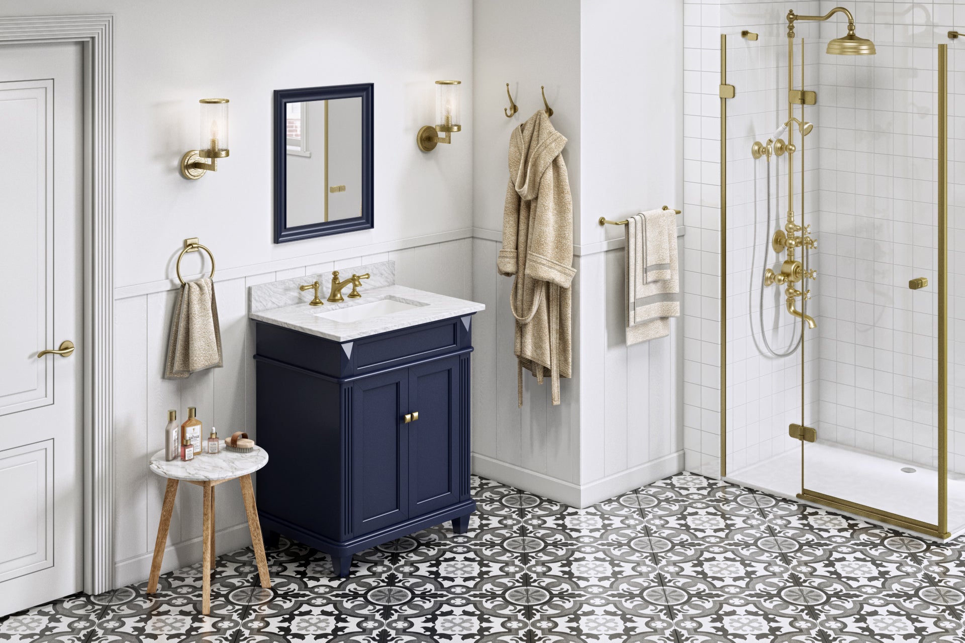 30" Hale Blue Douglas Vanity, White Carrara Marble Vanity Top, undermount rectangle bowl