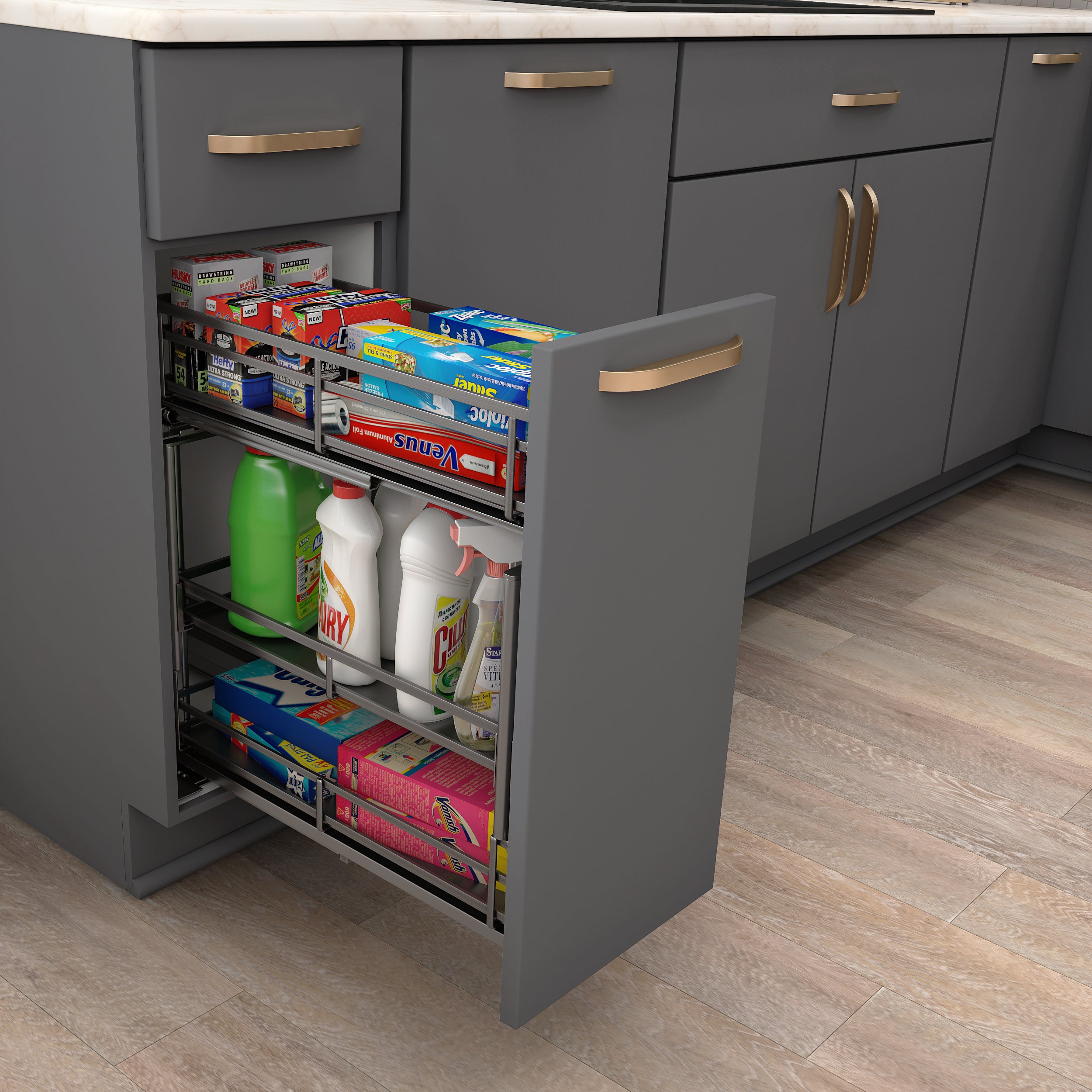 5" Black Nickel STORAGE WITH STYLE® Metal "No Wiggle" Under Drawer Soft-close Base Pullout | KitchBath