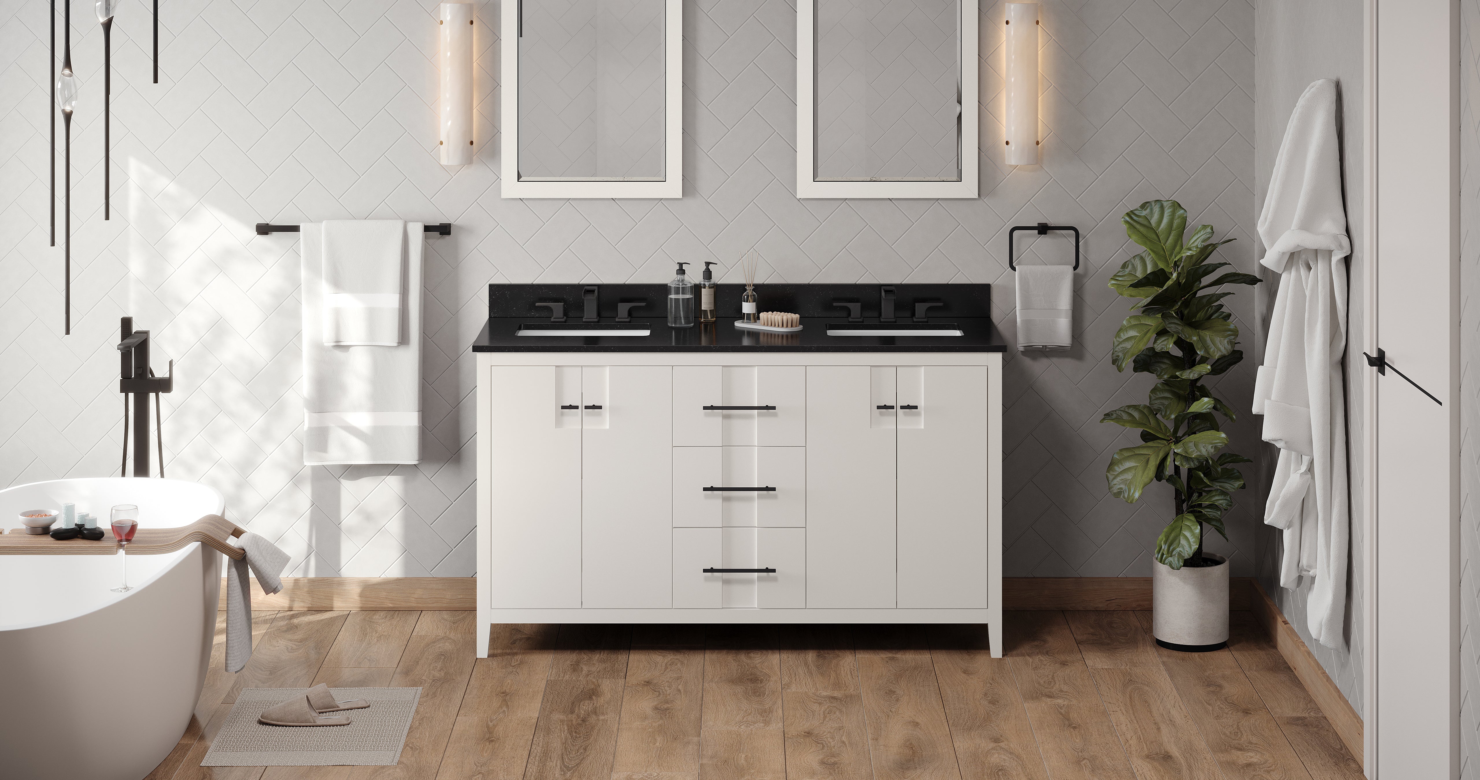 60" White Katara Vanity, double bowl, Black Granite Vanity Top, two undermount rectangle bowls | KitchBath